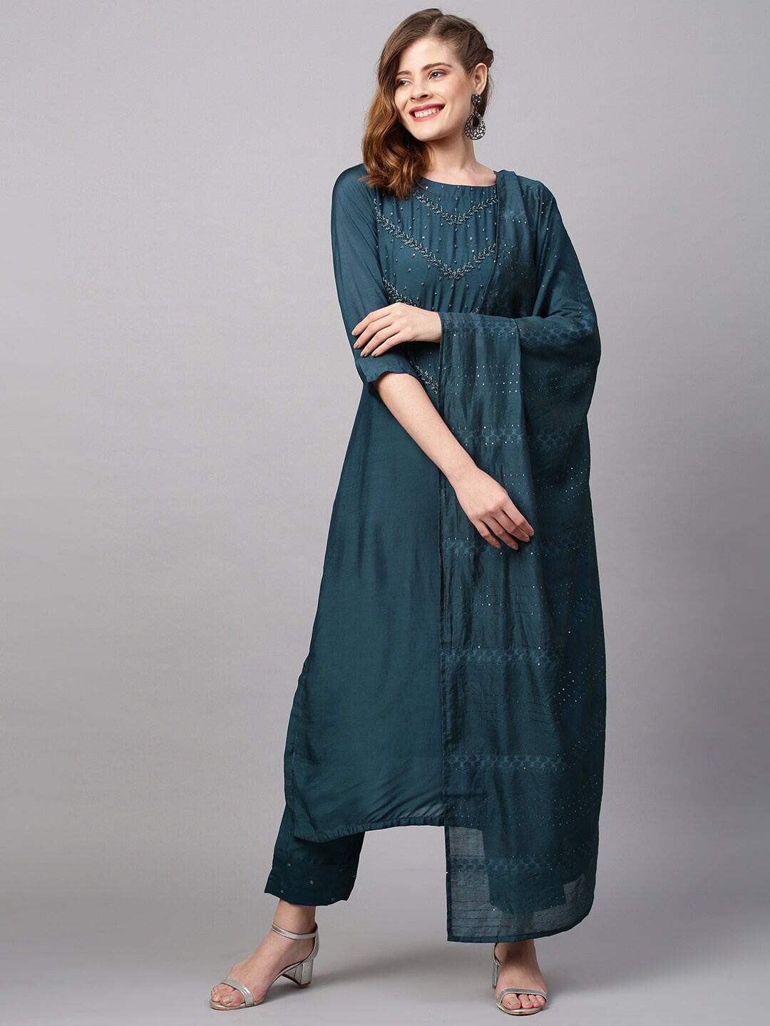 

FASHOR Women Teal Layered Sequinned Silk Crepe Kurta with Churidar & Dupatta