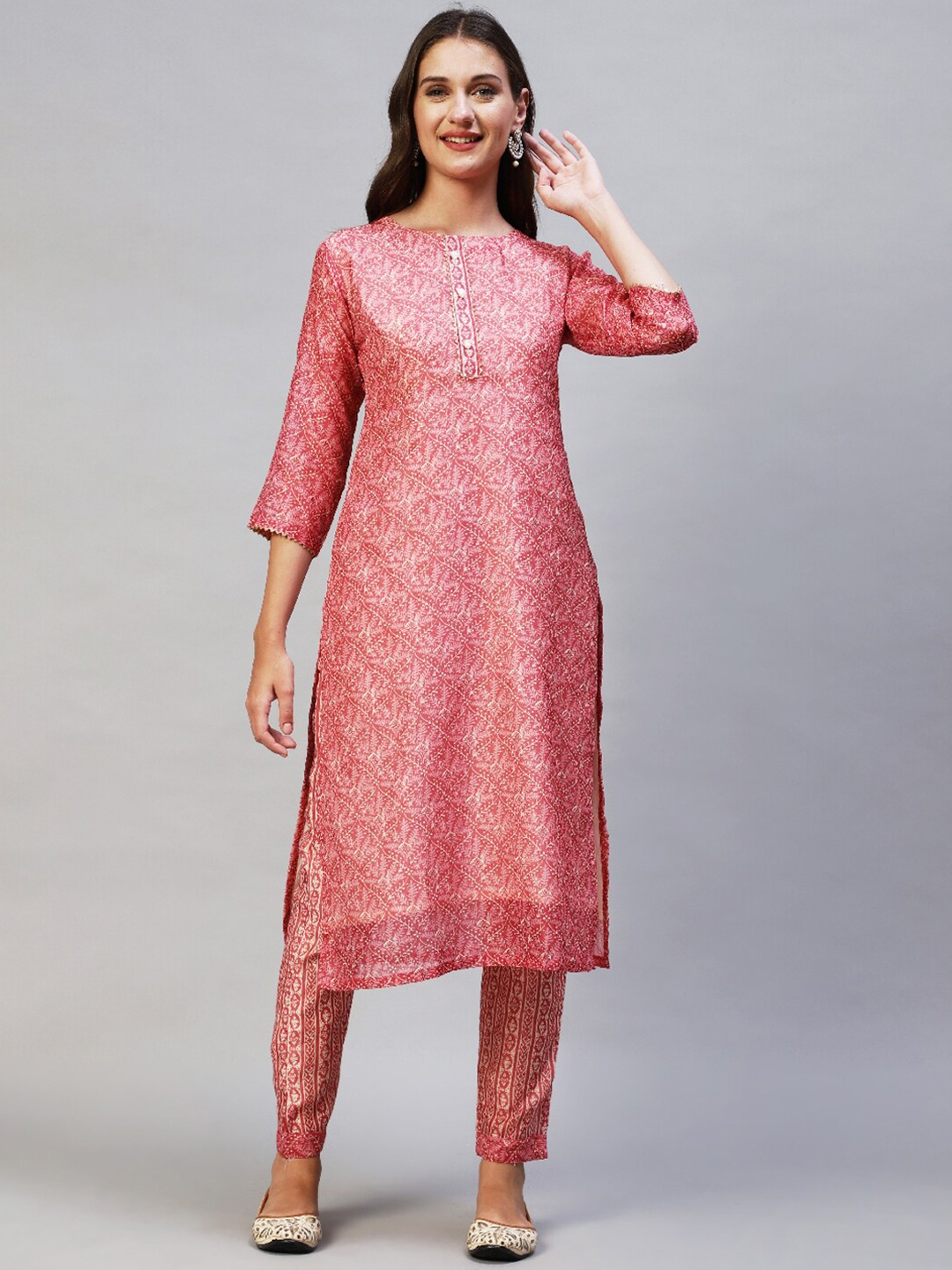 

FASHOR Women Pink Printed Chanderi Silk Straight Kurta with Trouser