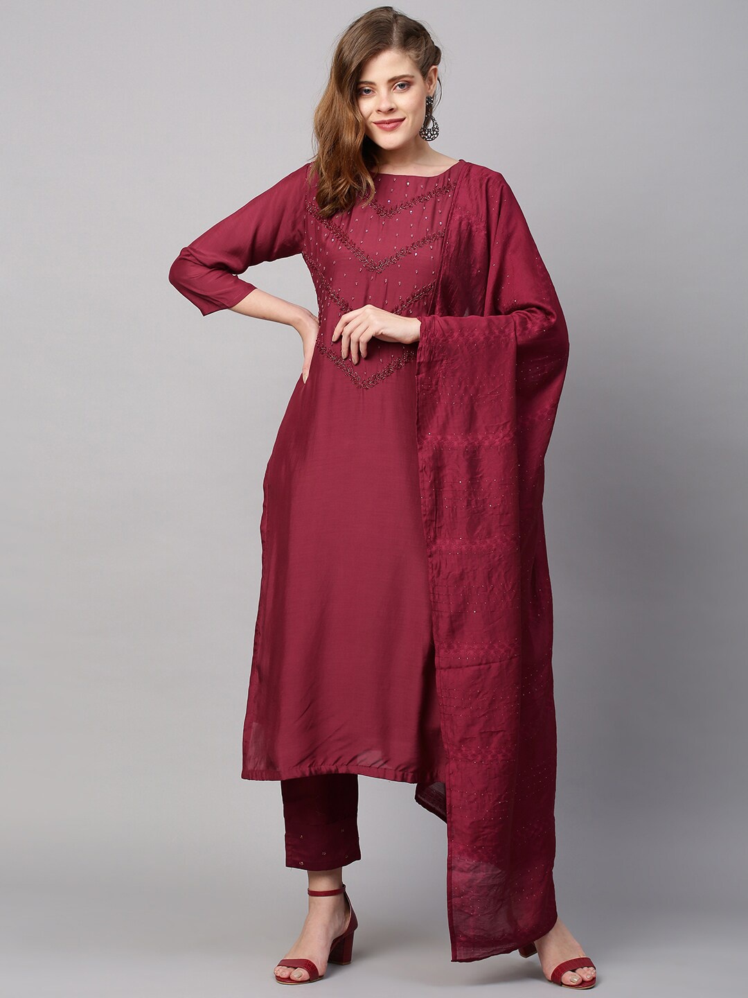 

FASHOR Women Maroon Ethnic Motifs Yoke Design Silk Crepe Kurta with Trousers & With Dupatta