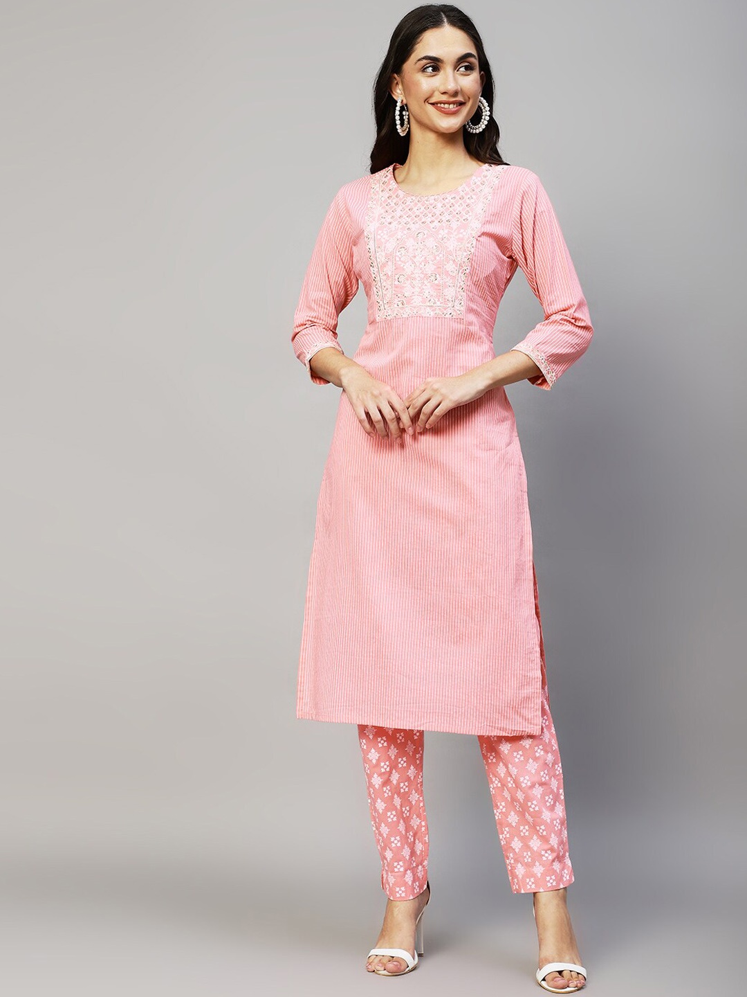 

FASHOR Women Pink Ethnic Motifs Embroidered Sequinned Pure Cotton Kurta with Trousers