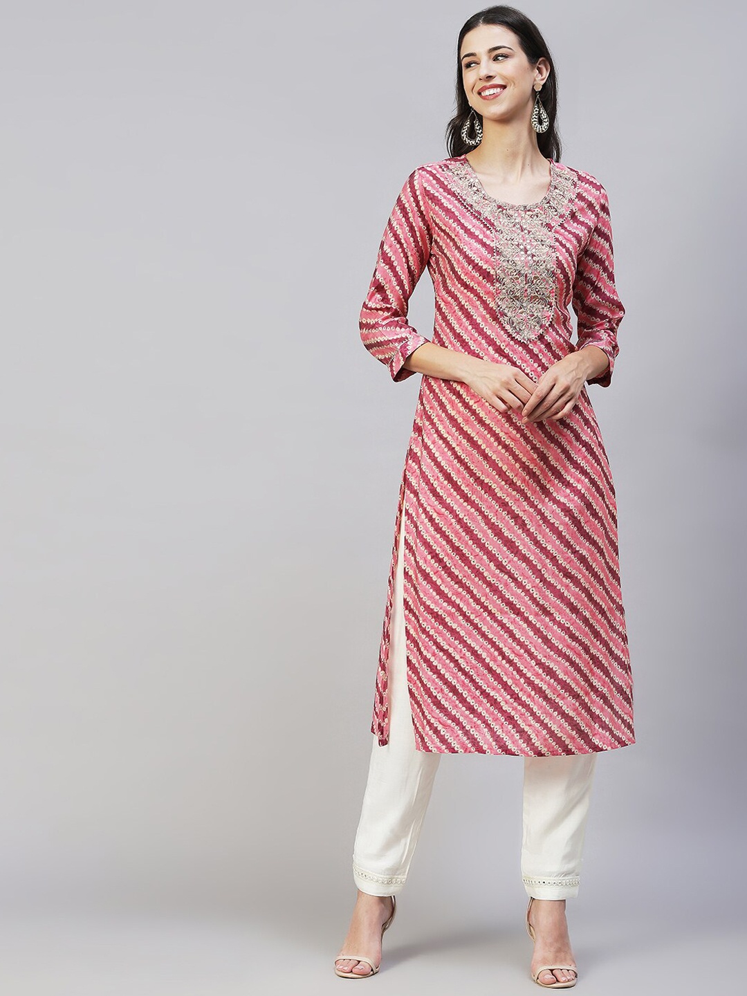 

FASHOR Women Pink Striped Flared Sleeves Mirror Work Kurta