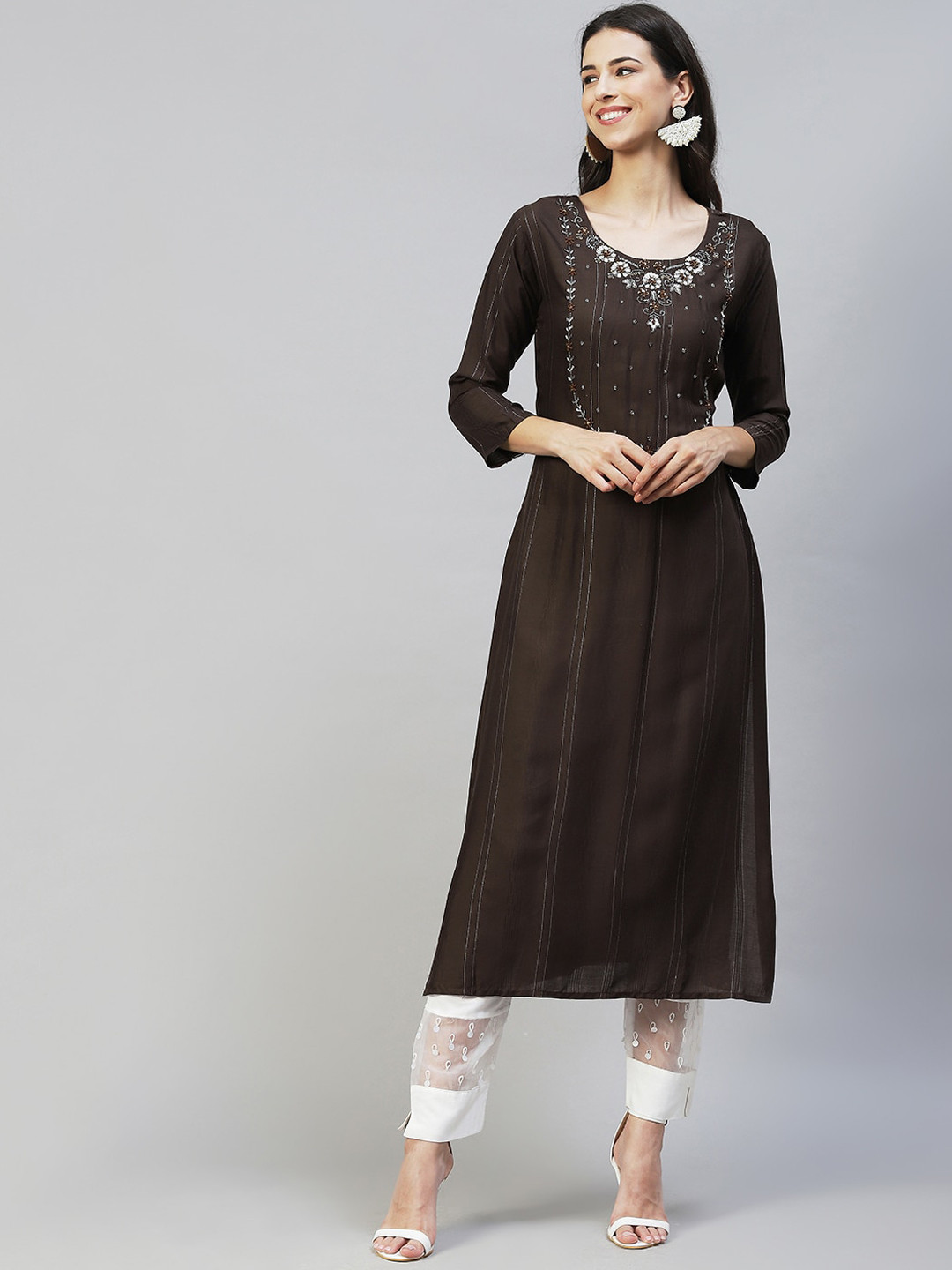 

FASHOR Women Brown Ethnic Motifs Embroidered Anarkali Kurta