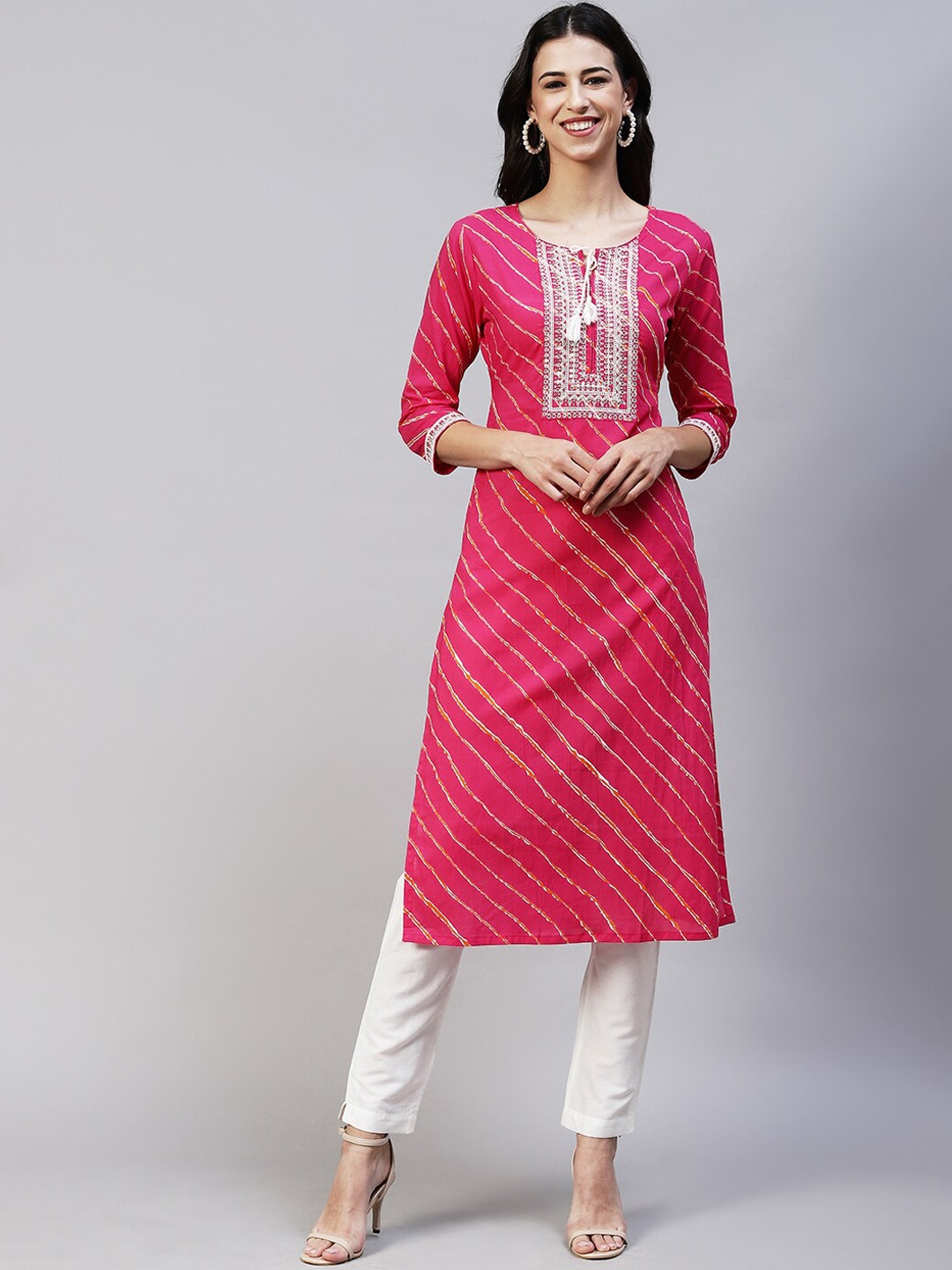

FASHOR Women Pink Striped Mirror Work Kurta