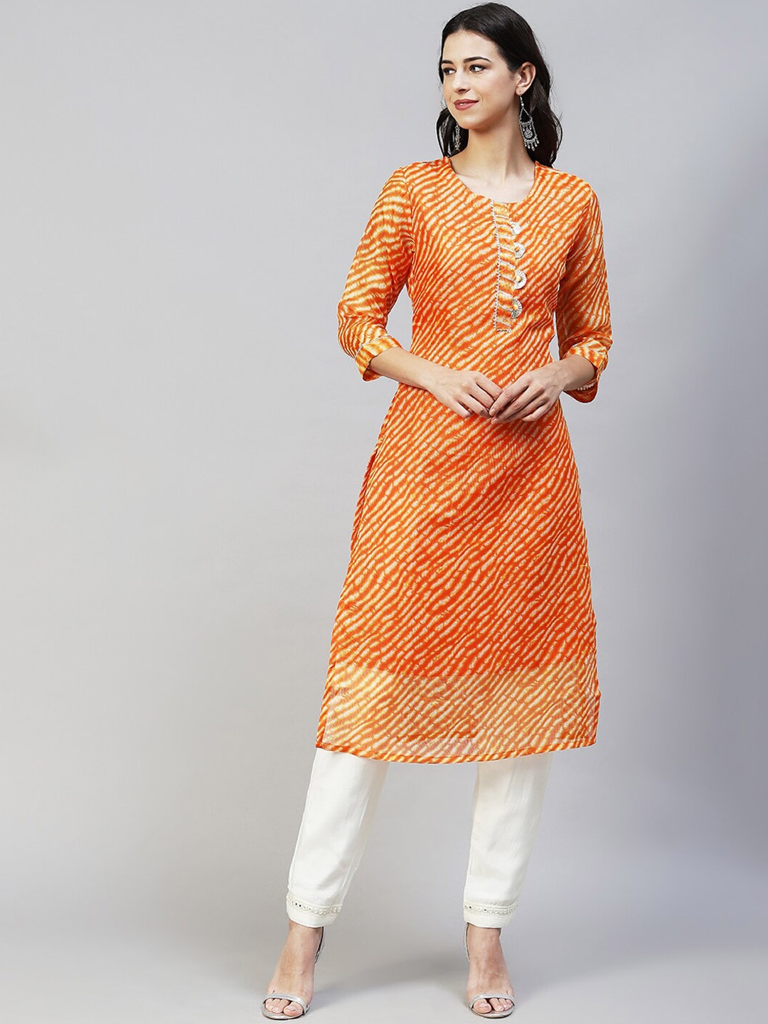 FASHOR Women Orange & White Leheriya Striped Printed Kurta