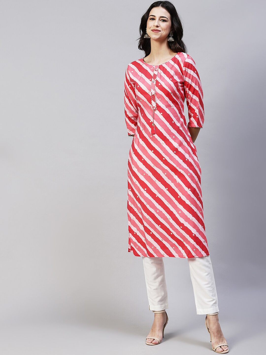 

FASHOR Women Pink Leheriya Striped Gotta Patti Kurta