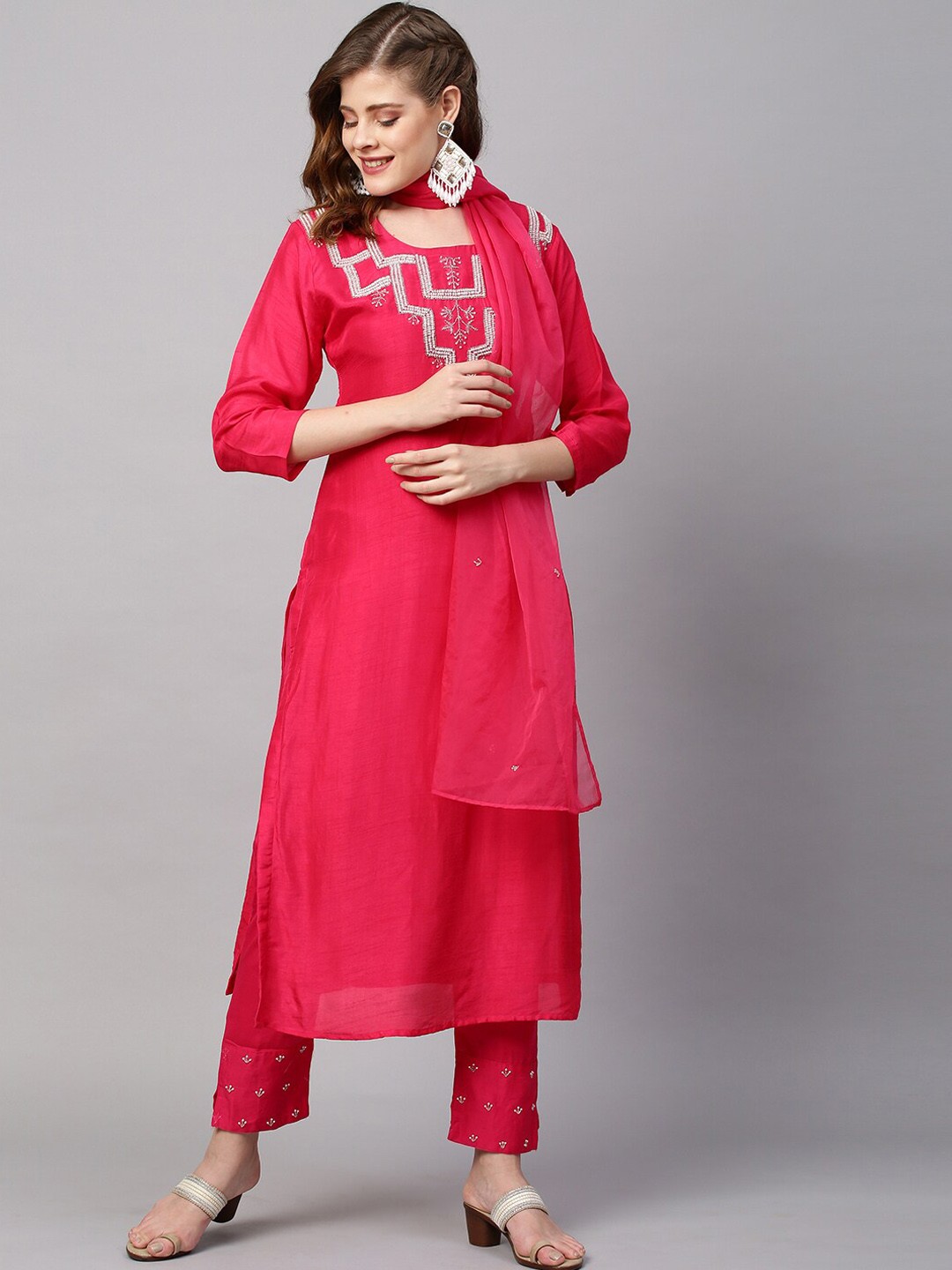 

FASHOR Women Pink Embroidered Beads and Stones Kurta with Trousers & With Dupatta