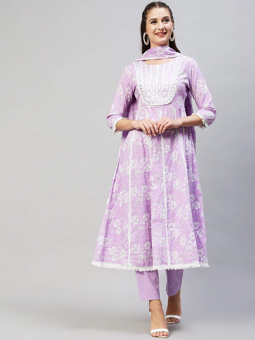

FASHOR Women Purple Layered Mirror Work Pure Cotton Kurti with Trousers & Dupatta