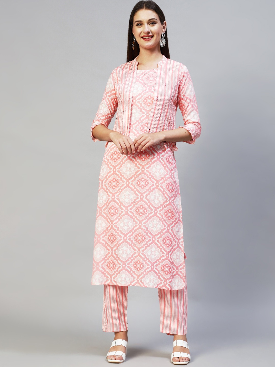 

FASHOR Women Pink Striped Kurta with Trousers