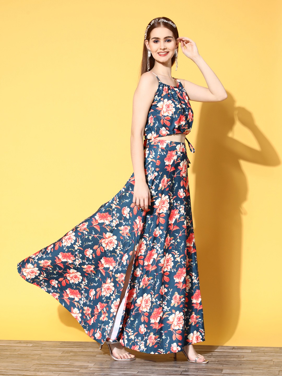 

InWeave Women Classy Blue Printed Top with Skirt
