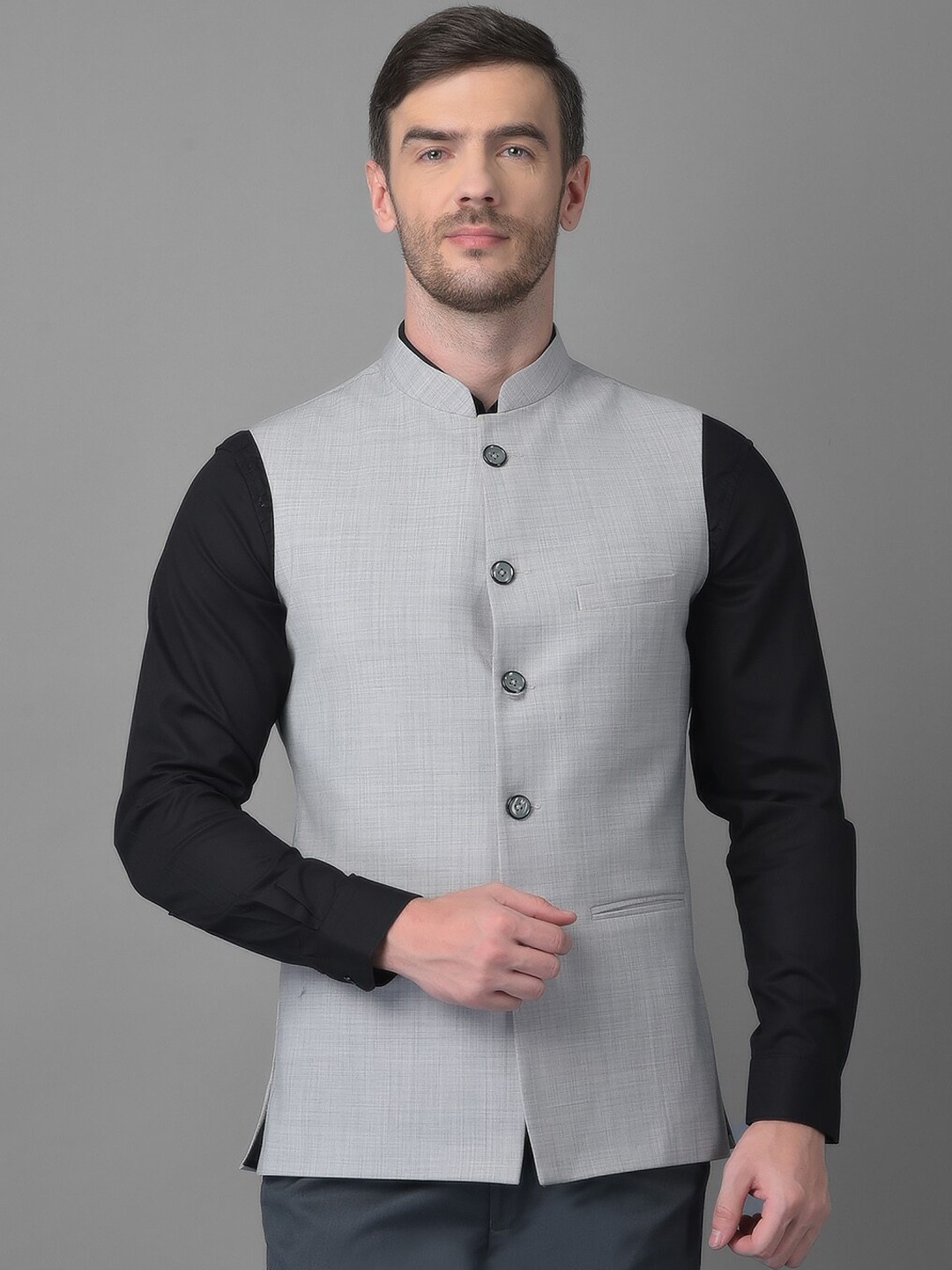 

Canary London Men Grey Solid Slim Fit Nehru Jacket