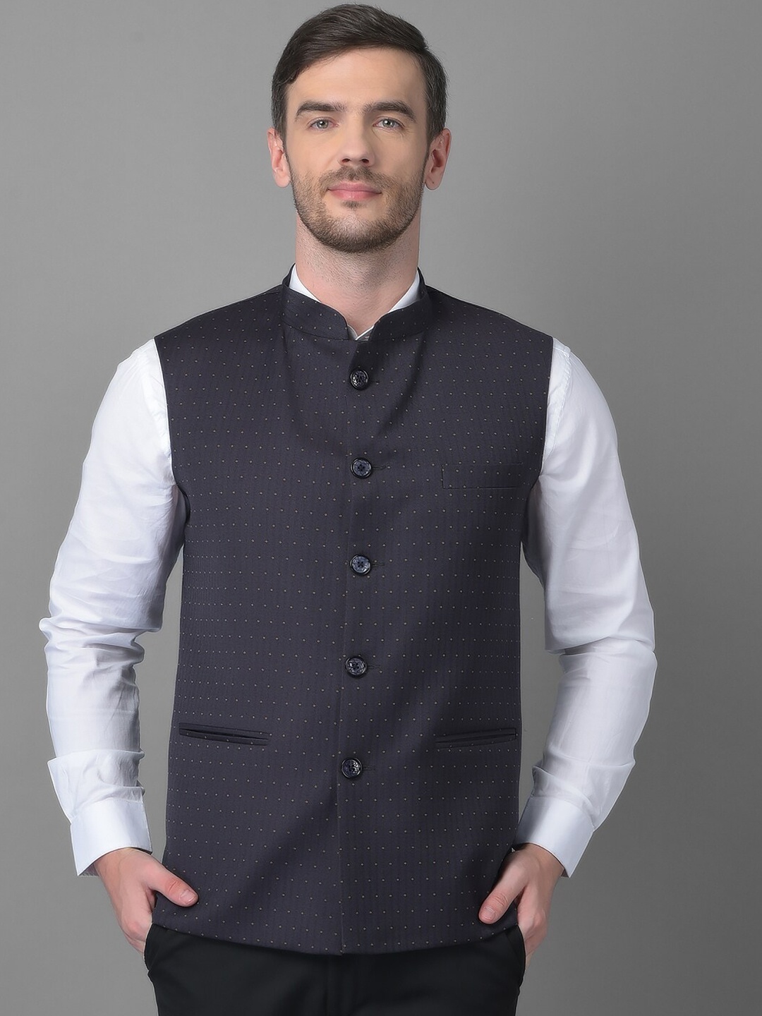 

Canary London Navy Blue Printed Slim Fit Waistcoat
