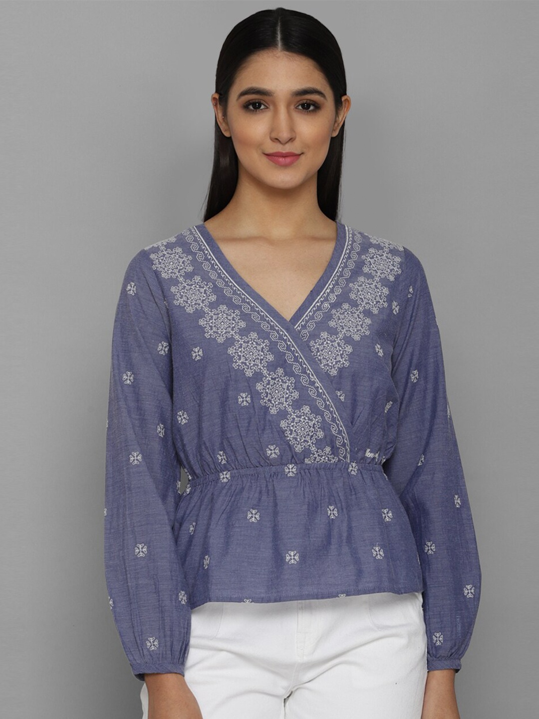 

Allen Solly Woman Blue & White Print Pure Cotton Wrap Top