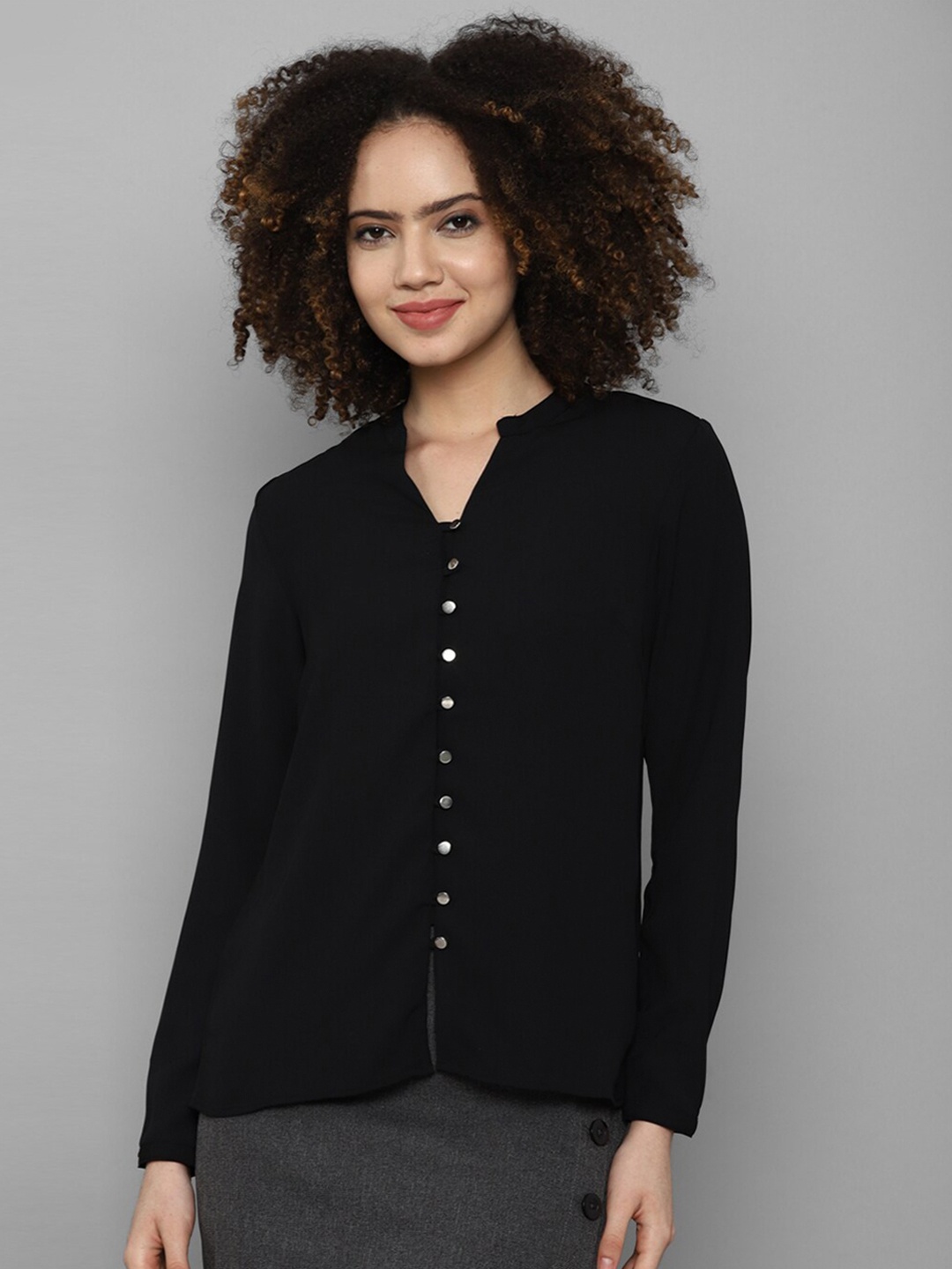 

Allen Solly Woman Black Mandarin Collar Shirt Style Top