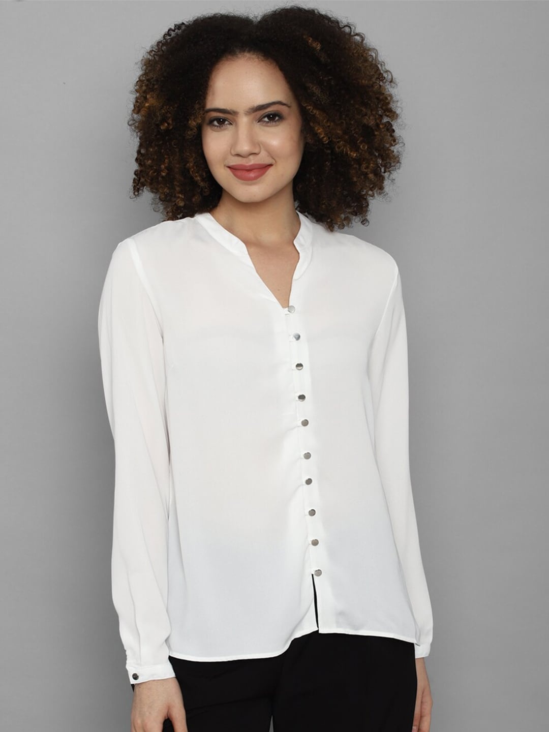 

Allen Solly Woman White Mandarin Collar Shirt Style Top