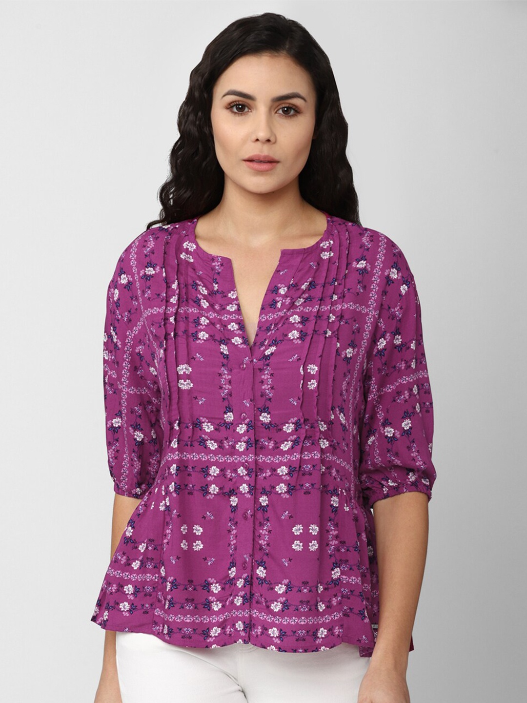 

Van Heusen Woman Purple Floral Print Pleated Top