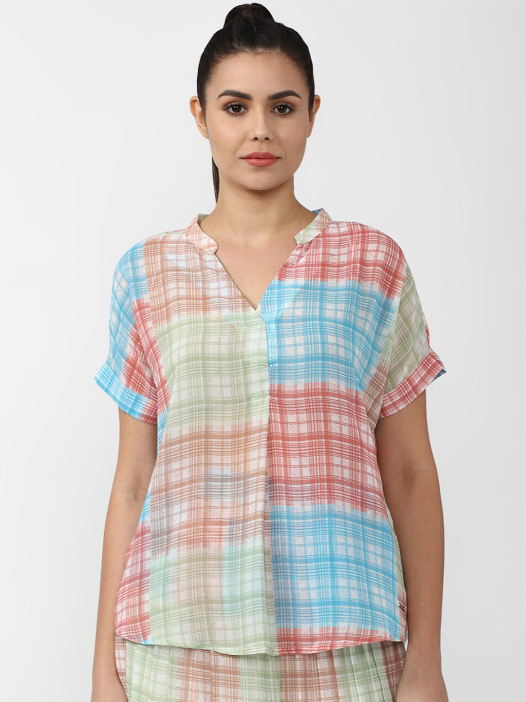 

Van Heusen Woman Blue & Pink Checked Shirt Style Top