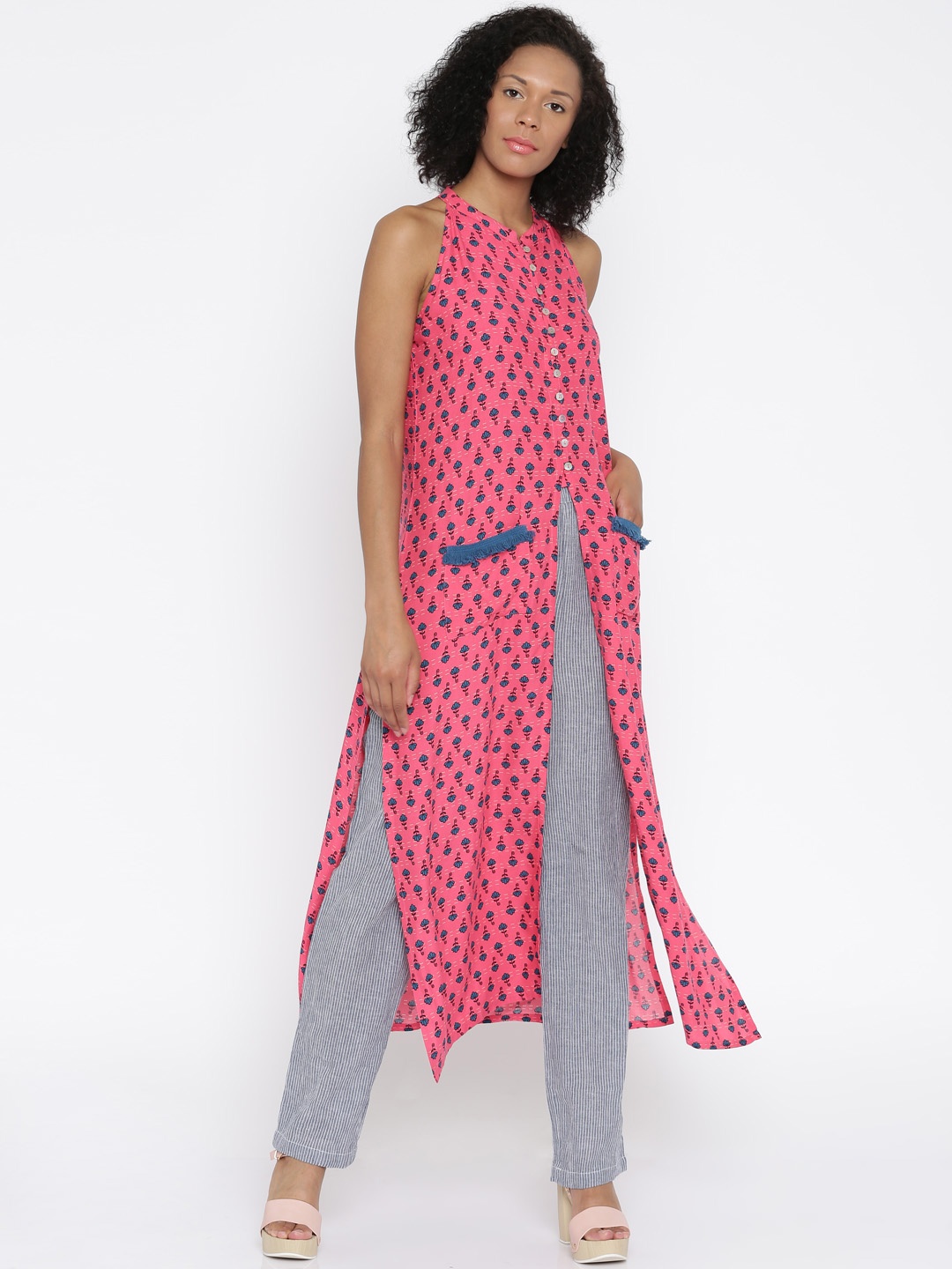 

Global Desi Women Pink & Blue Printed A-Line Kurta