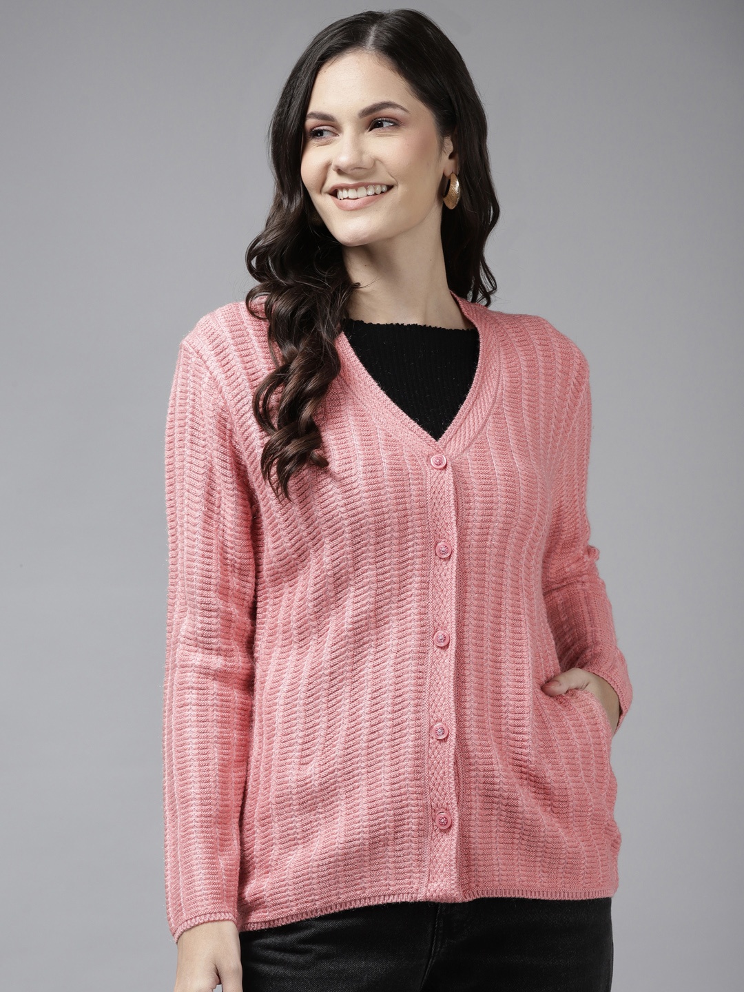 

Cayman Women Peach-Coloured Striped Woollen Cardigan