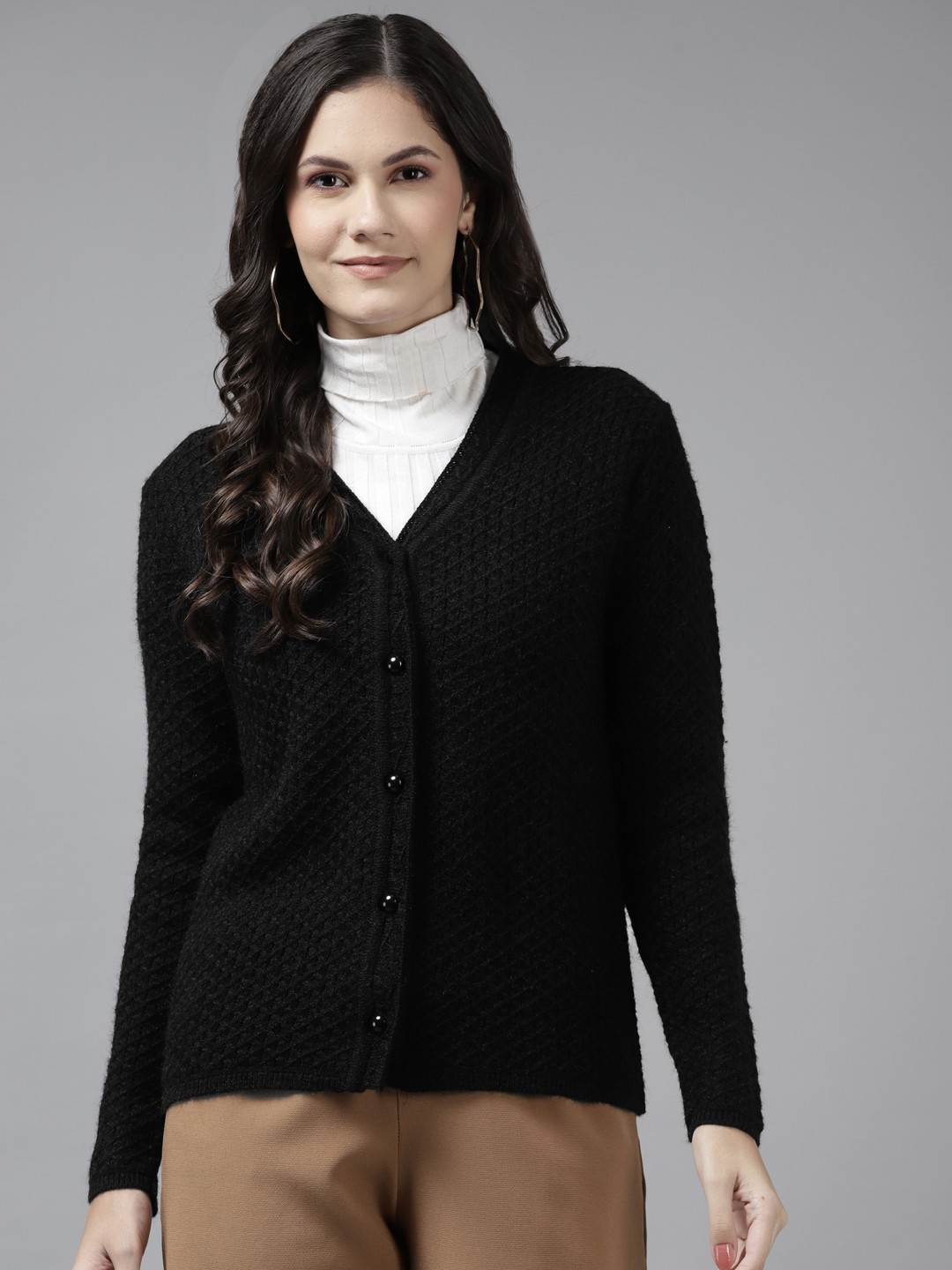 

Cayman Women Black Self Design Woollen Cardigan