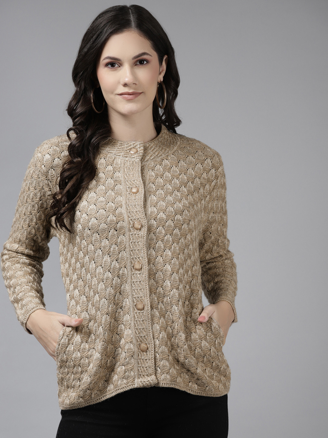 

Cayman Women Camel Brown Cable Knit Woollen Cardigan
