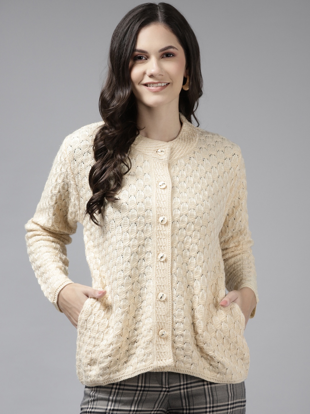 

Cayman Women Beige Cable Knit Woollen Cardigan