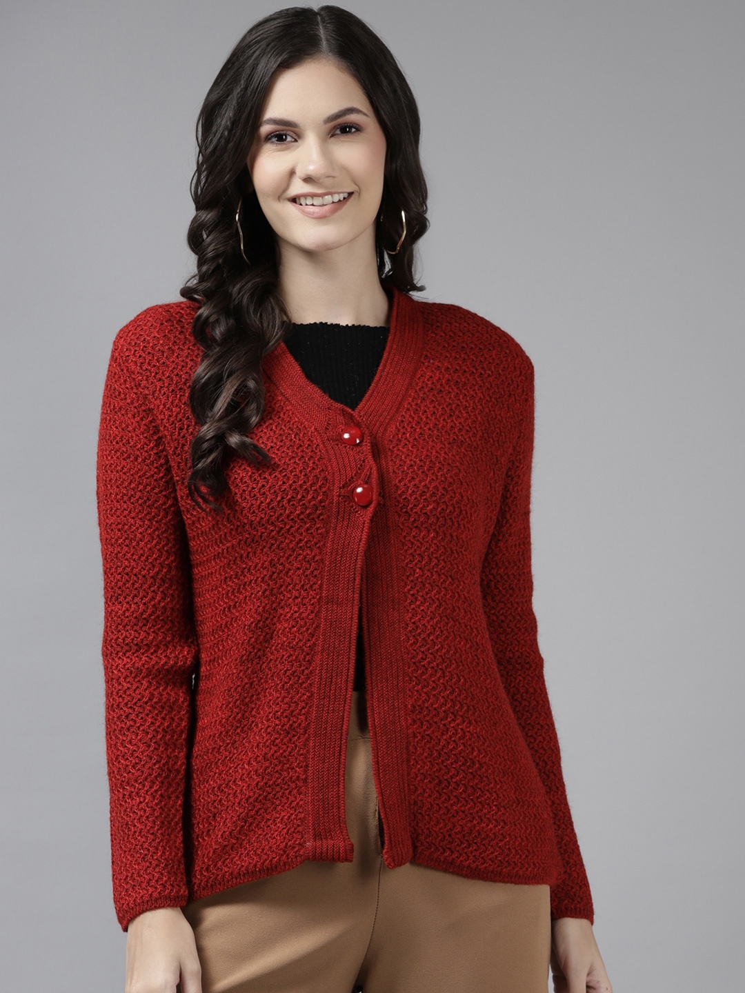 

Cayman Women Red Cable Knit Woollen Cardigan