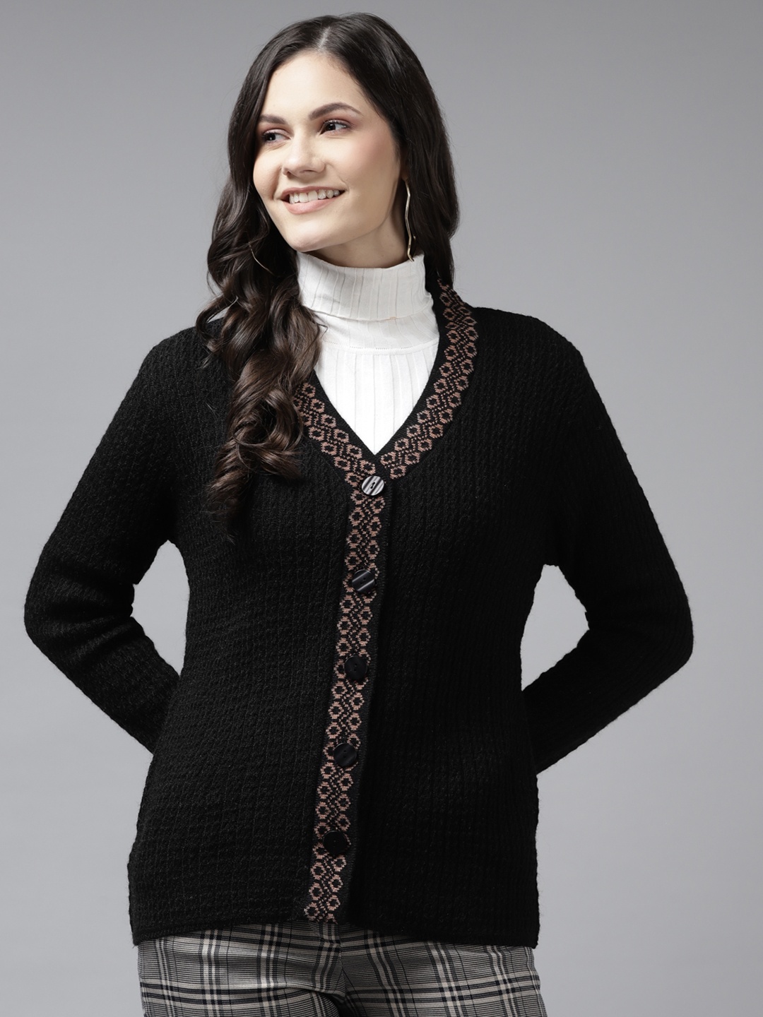 

Cayman Women Black Woollen Knitted Cardigan