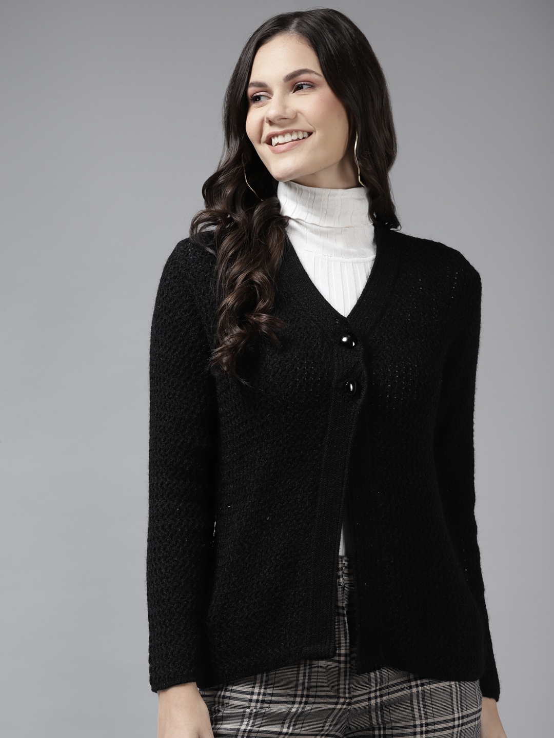 

Cayman Women Black Cable Knit Woollen Cardigan