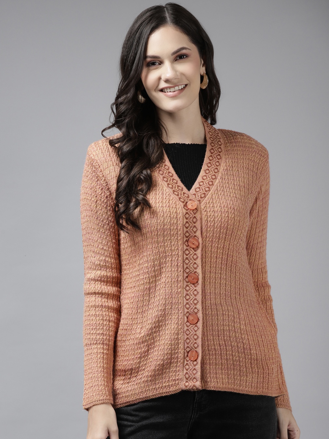 

Cayman Women Rust Striped Woollen Cardigan