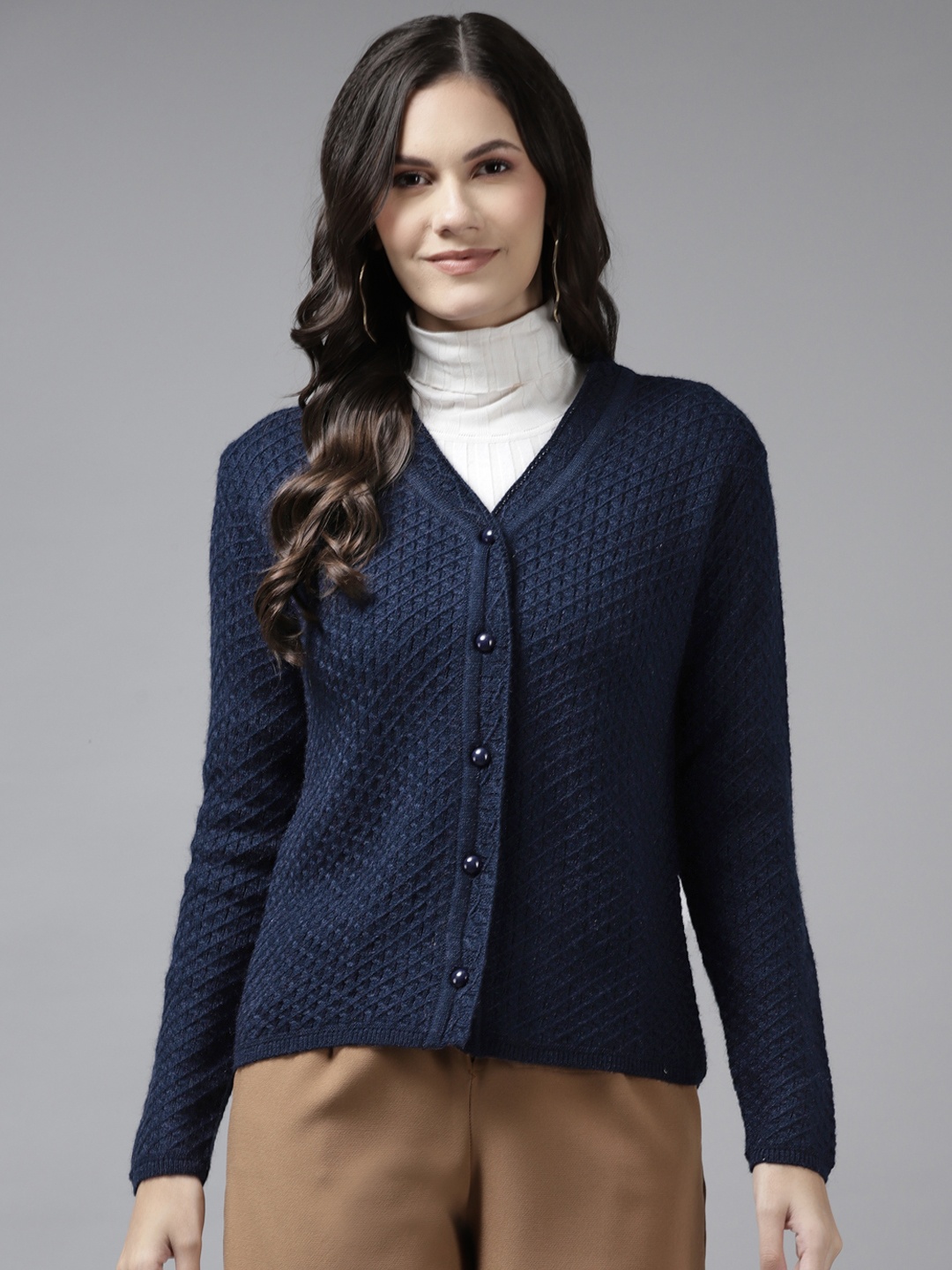 

Cayman Women Navy Blue Striped Woollen Cardigan