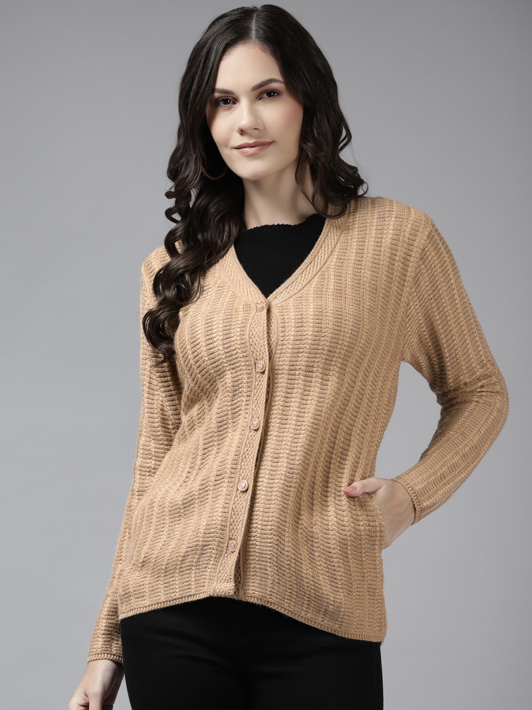 

Cayman Women Camel Brown Striped Woollen Cardigan