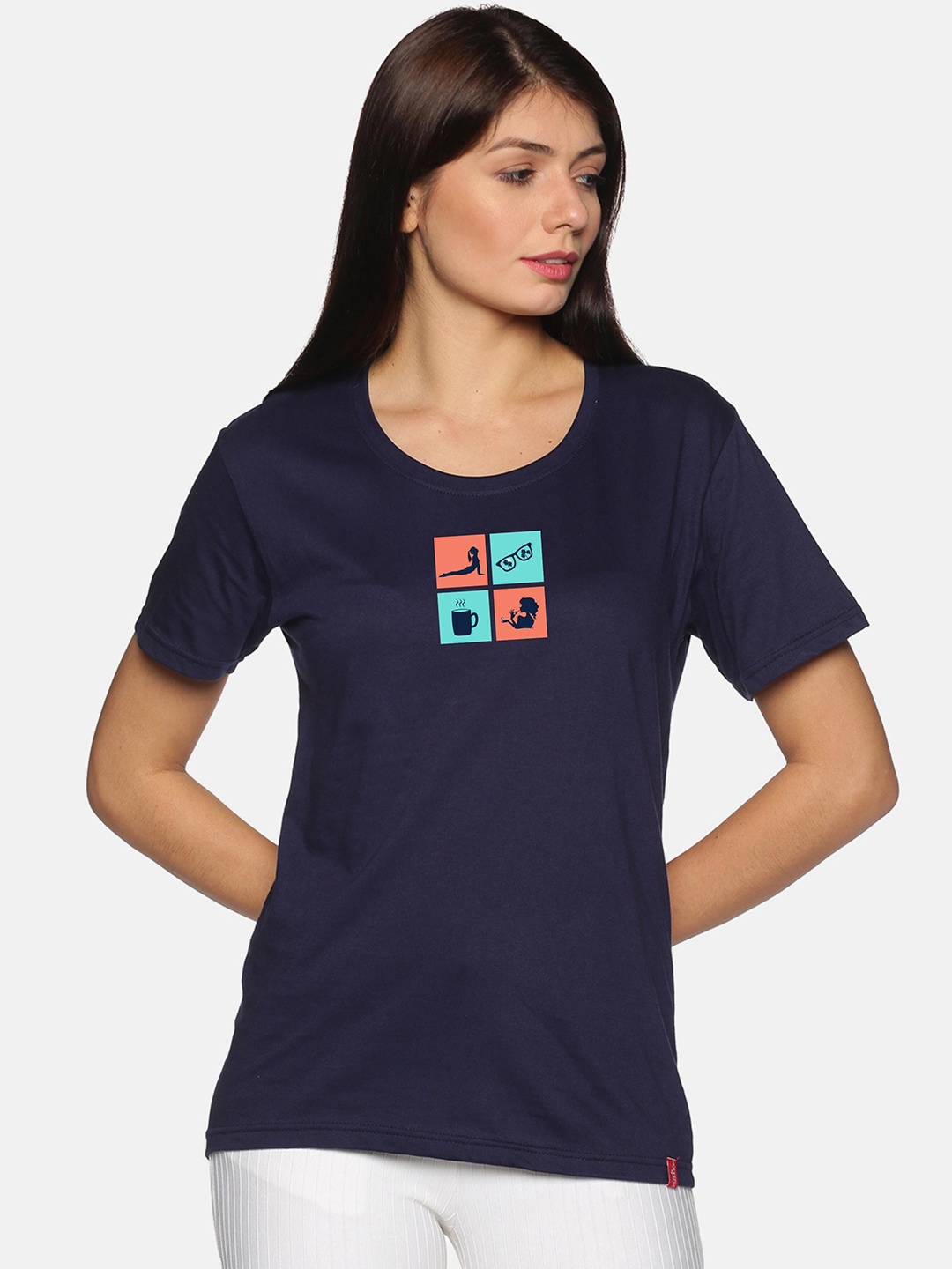 

NOT YET by us Women Navy Blue Printed Round Neck T-shirt