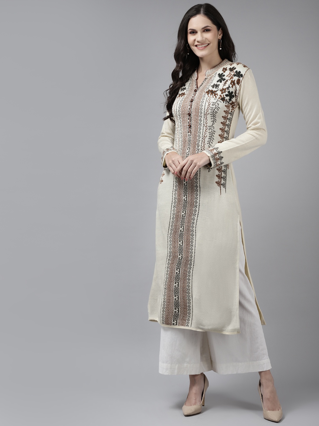 

Cayman Women Beige Ethnic Motifs Printed Woollen Kurta