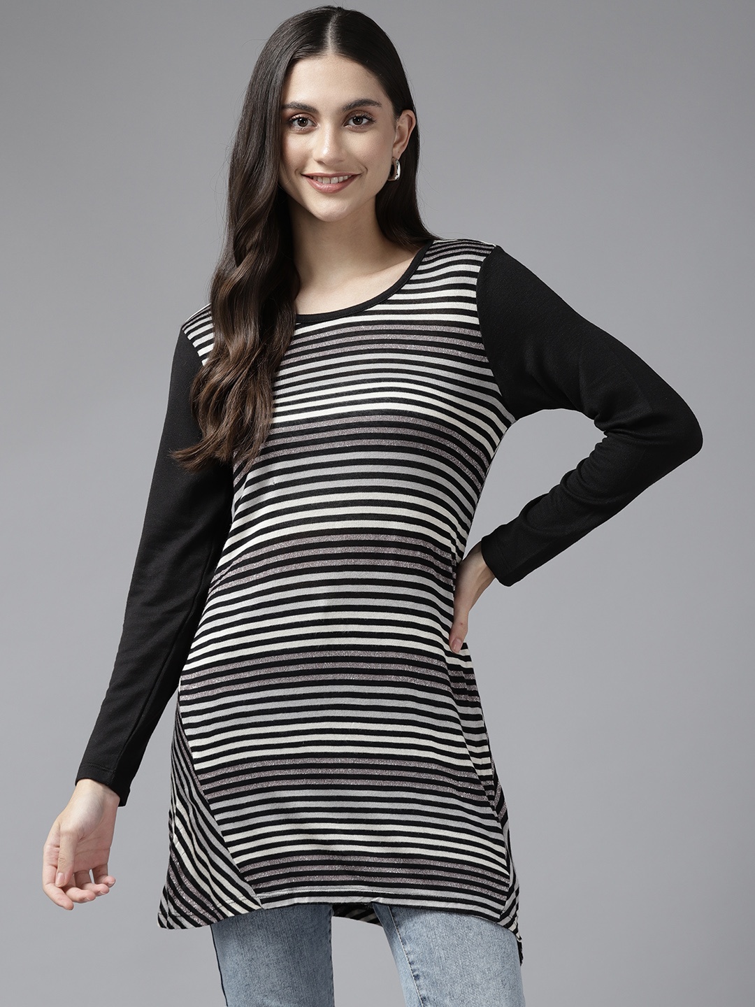 

Aarika Black & Grey Striped Longline Top