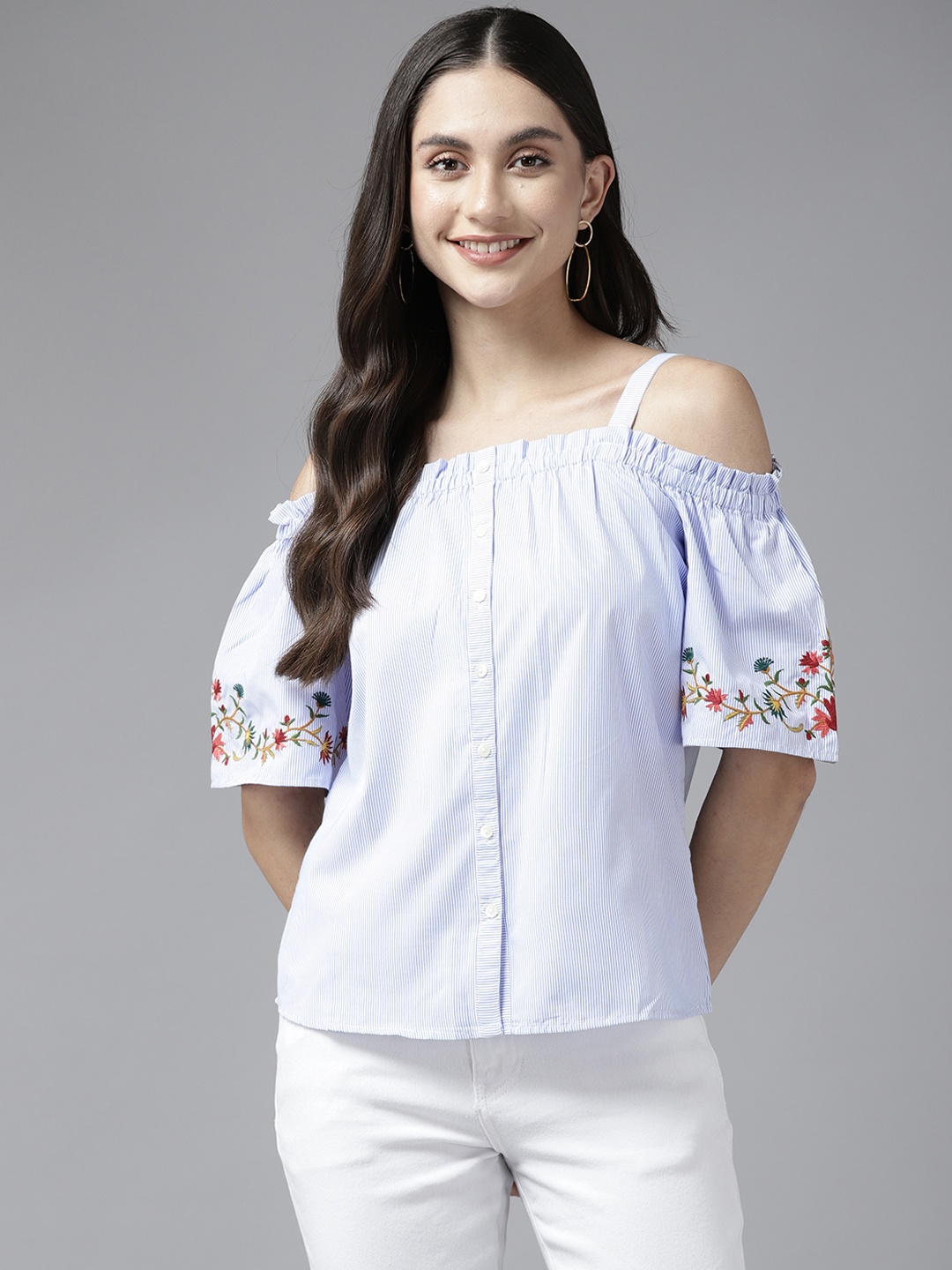 

Aarika Blue Striped Off-Shoulder Top