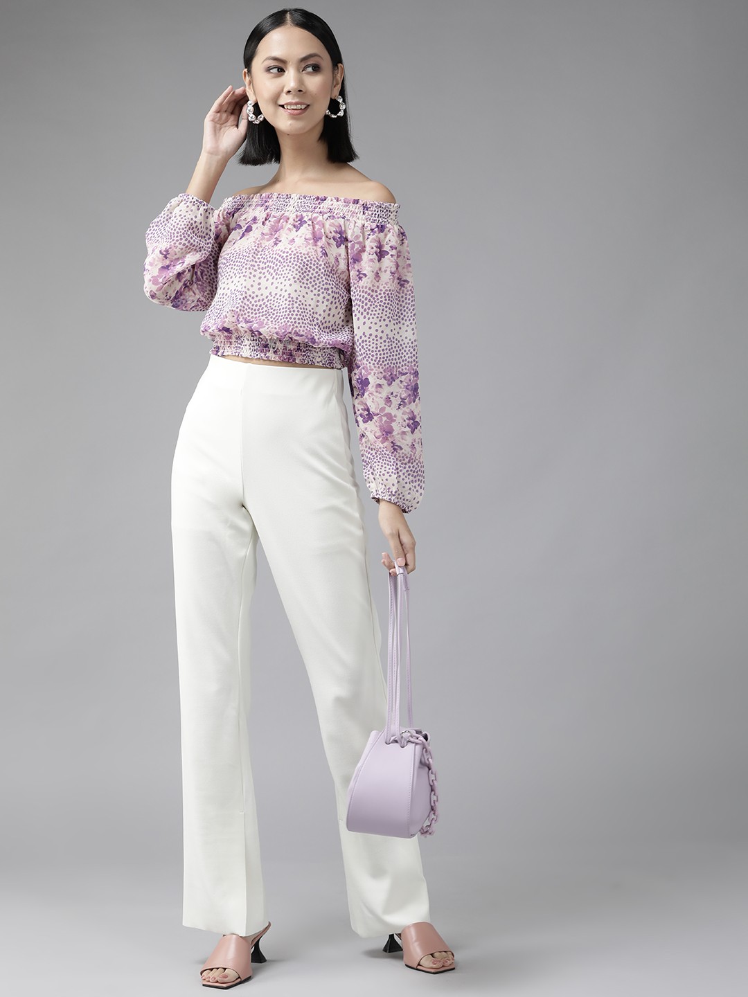 

Aarika Purple & Off White Print Off-Shoulder Smocked Blouson Crop Top