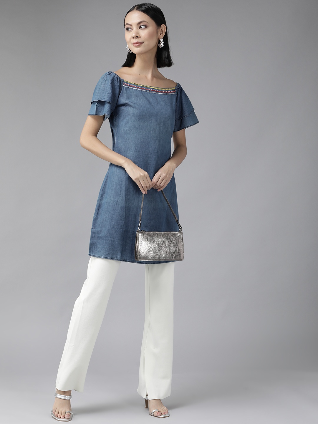 

Aarika Blue Off-Shoulder Longline Top
