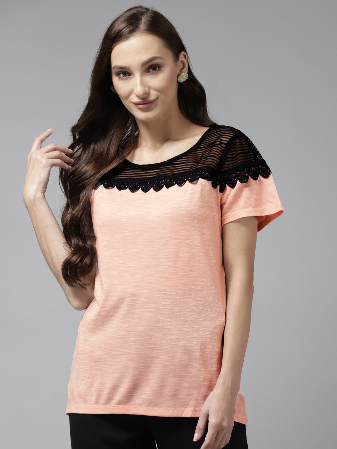 

Aarika Peach-Coloured & Black Lace Detail Top