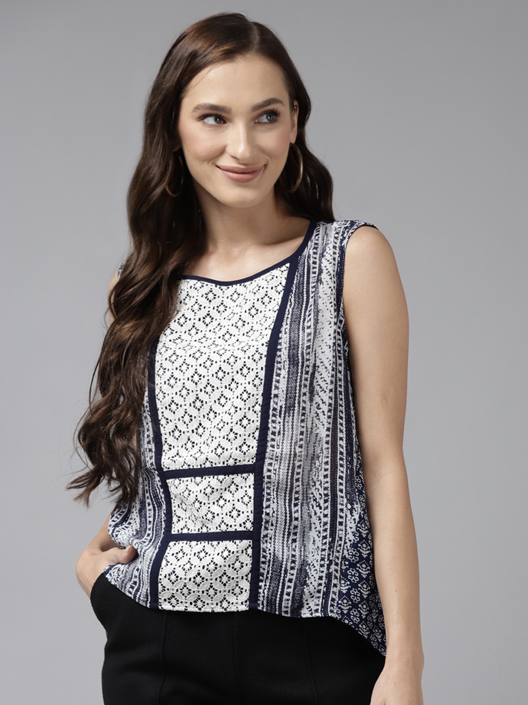

Aarika Navy Blue & White Printed Top