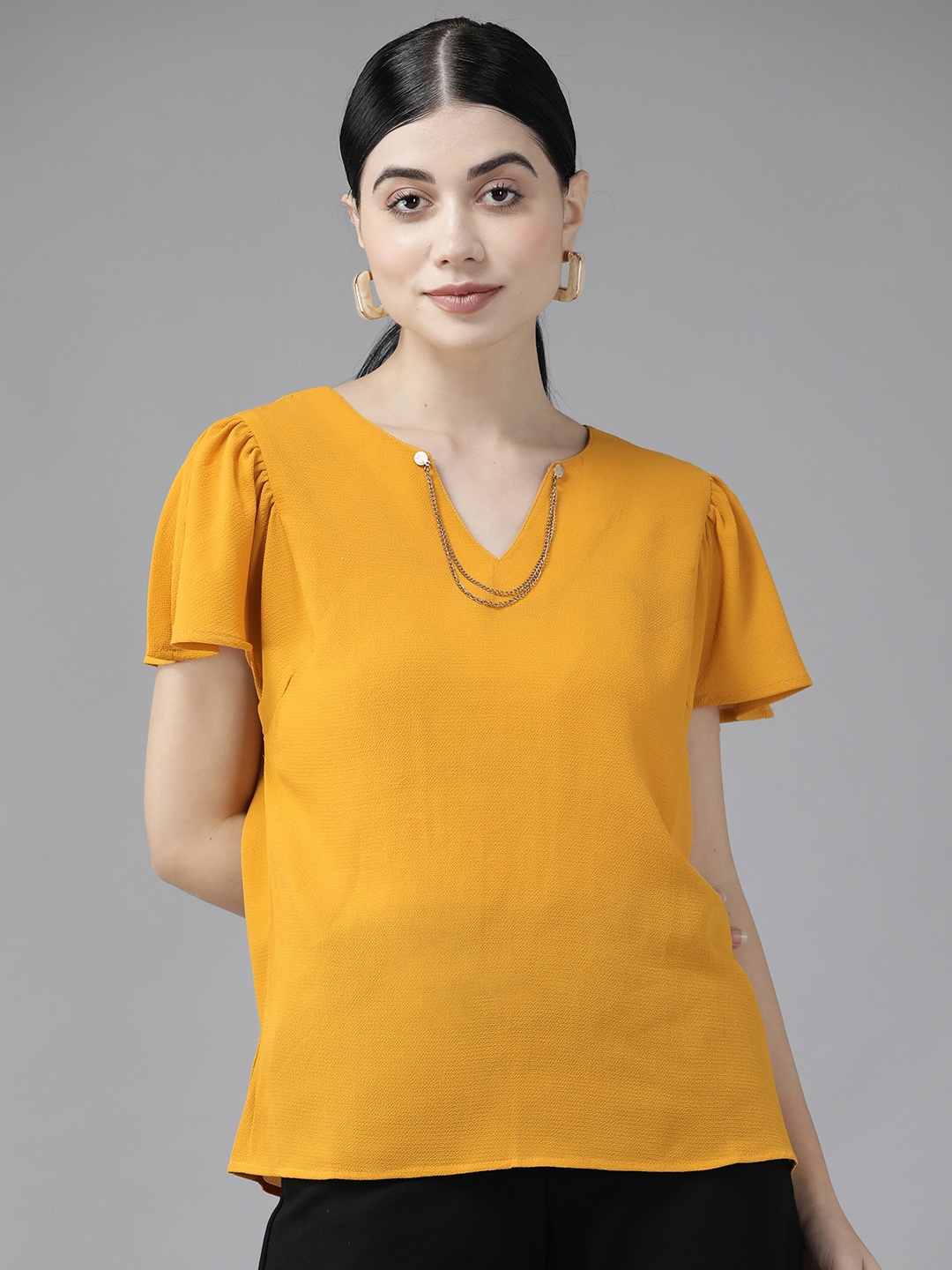 

Aarika Mustard Yellow Flutter Sleeves Top