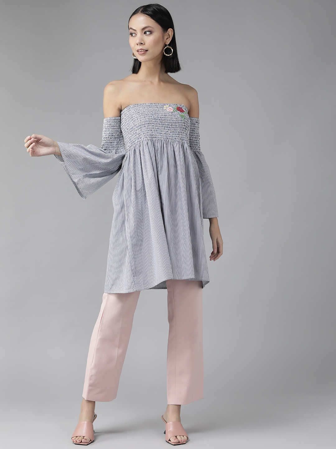 

Aarika Blue Striped Off-Shoulder Smocked Cinched Waist Longline Top