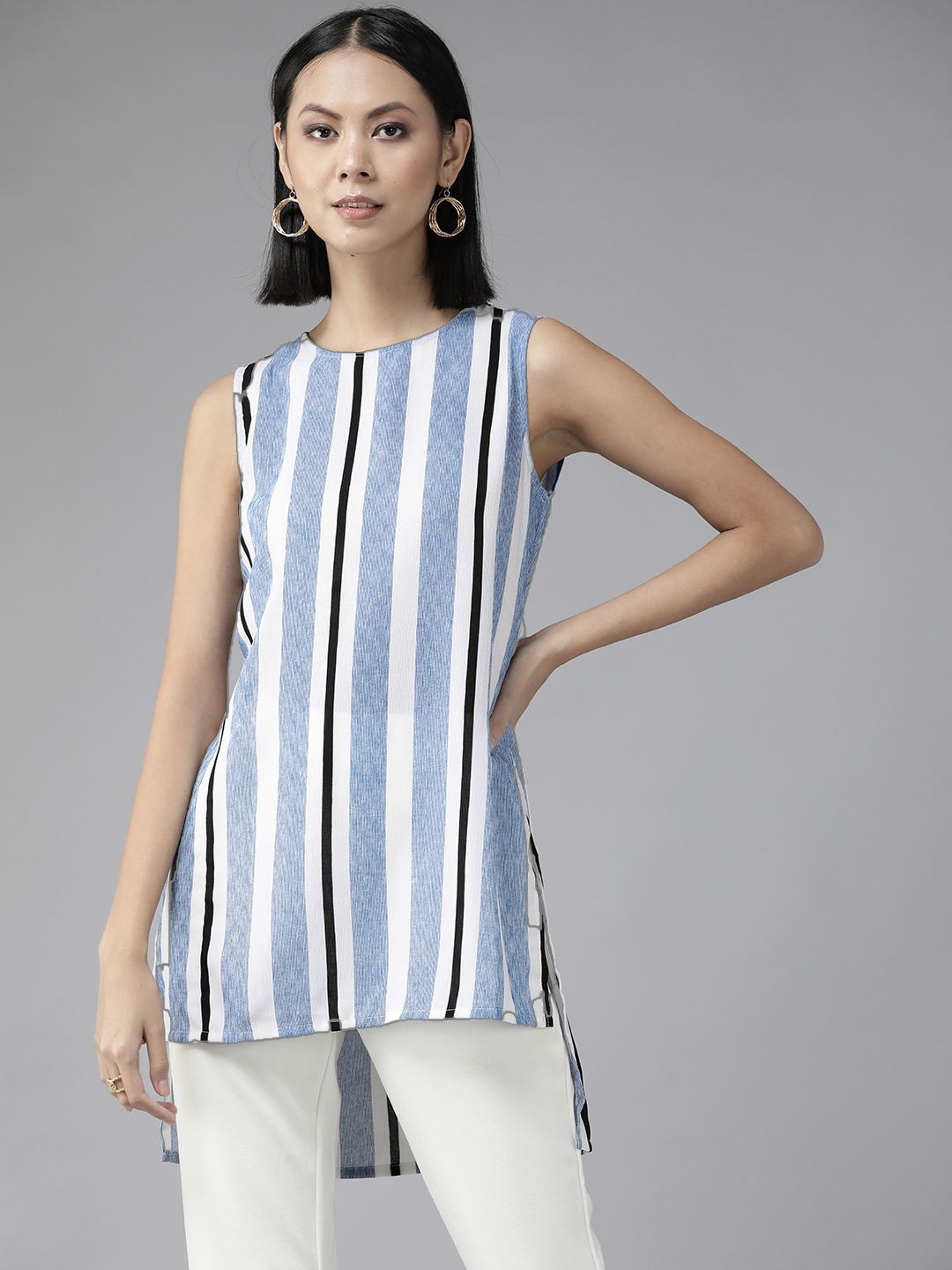 

Aarika Blue & White Striped High-Low Longline Top
