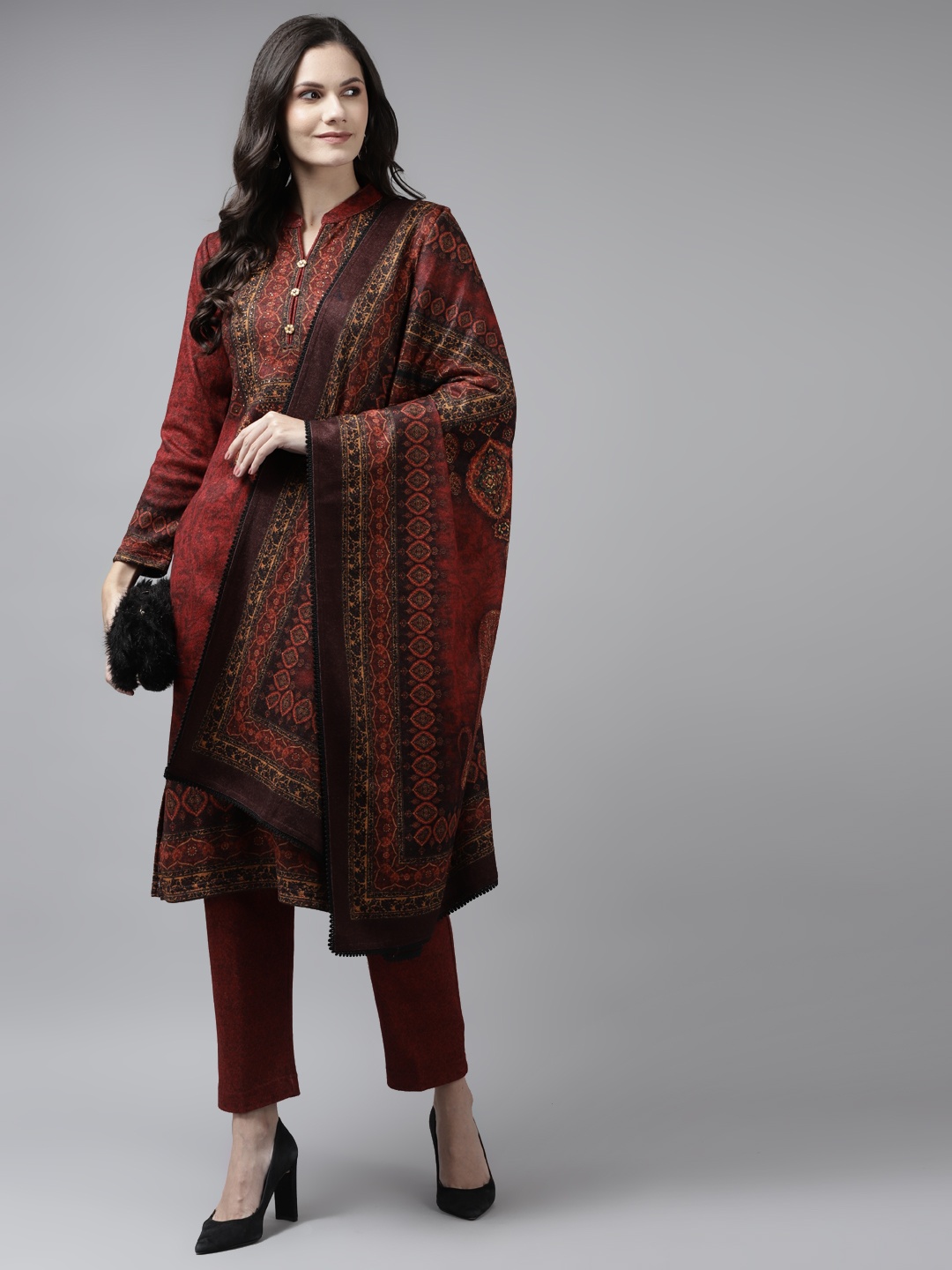 

Cayman Women Maroon Ethnic Motifs Woollen Kurta with Trousers & Dupatta