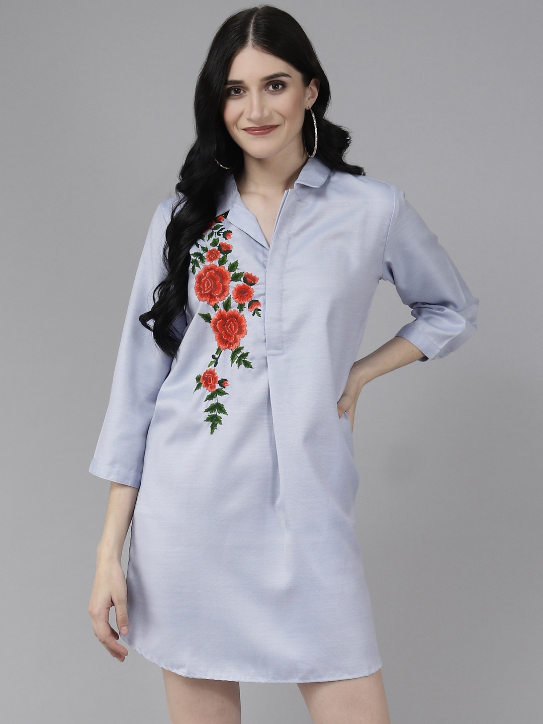 

Aarika Blue Floral Embroidered Shirt Dress