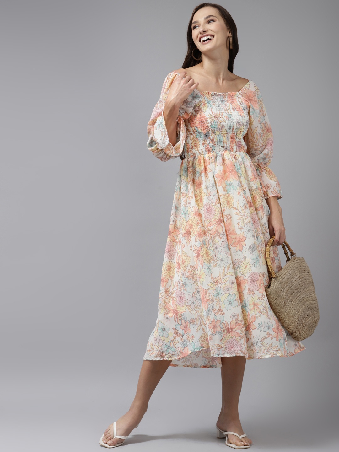 

Aarika Cream-Coloured & Orange Floral Midi Dress