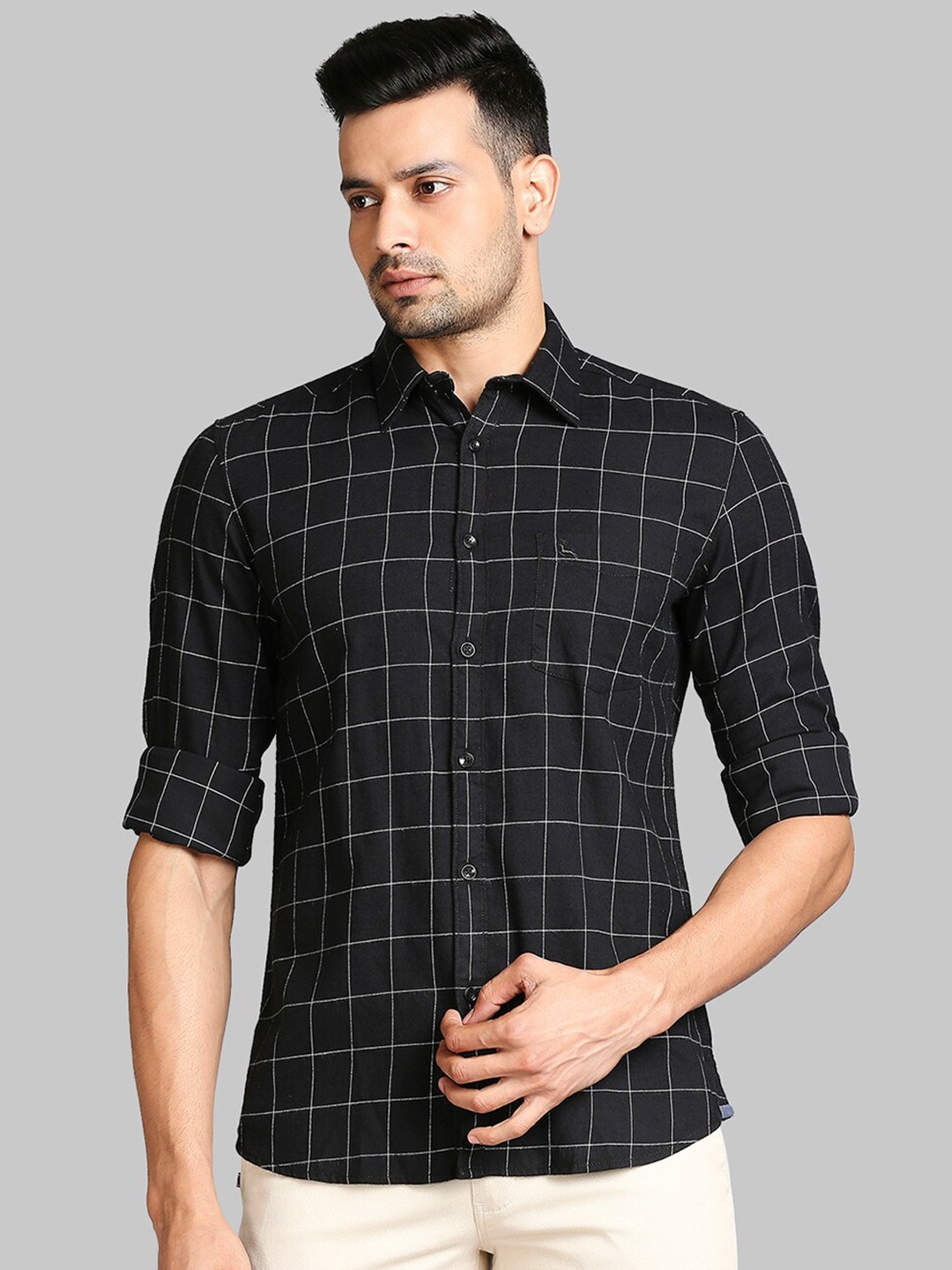 

Parx Men Black Slim Fit Windowpane Checks Checked Casual Shirt