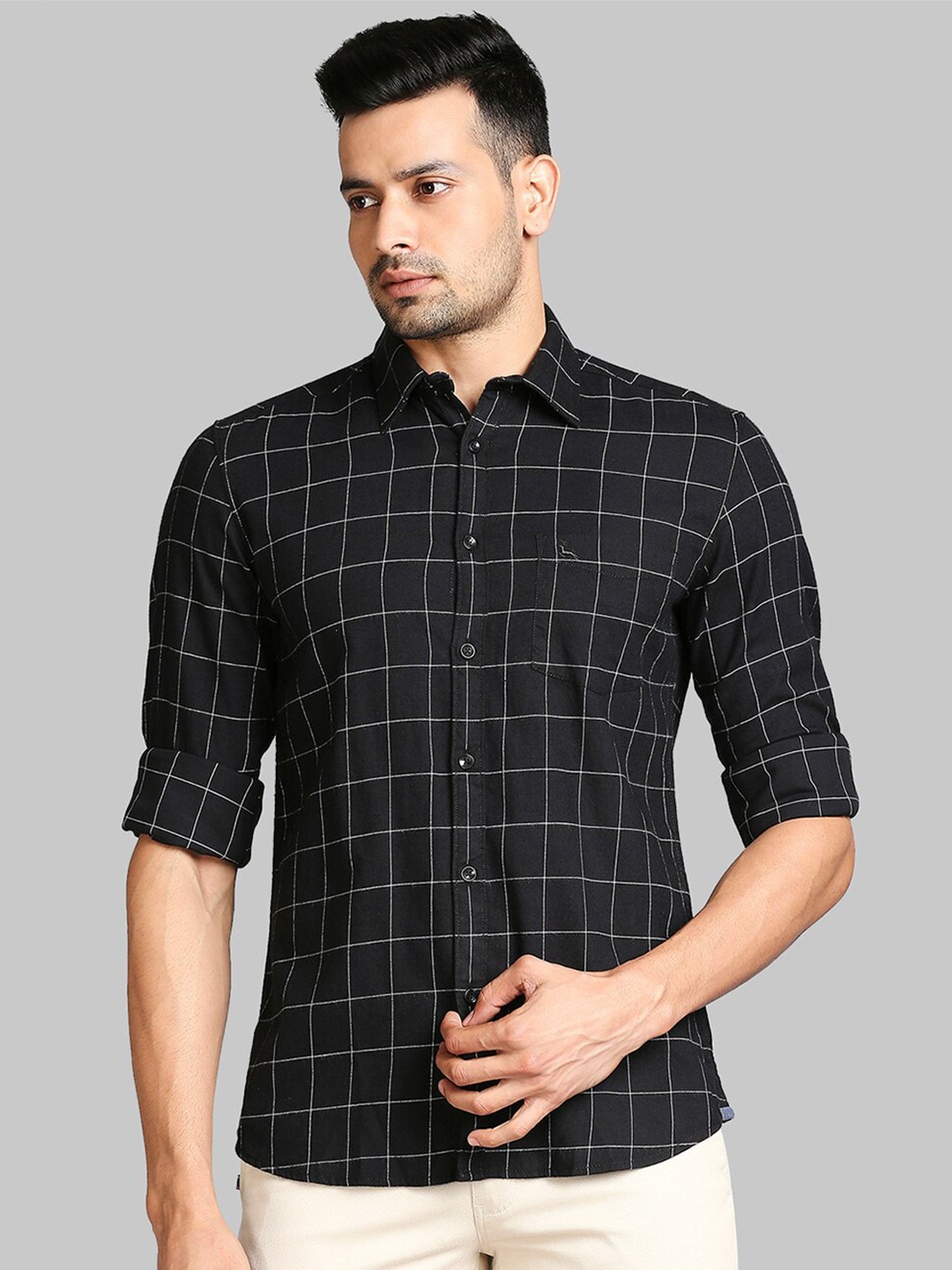 

Parx Men Black Slim Fit Windowpane Checks Checked Cotton Casual Shirt