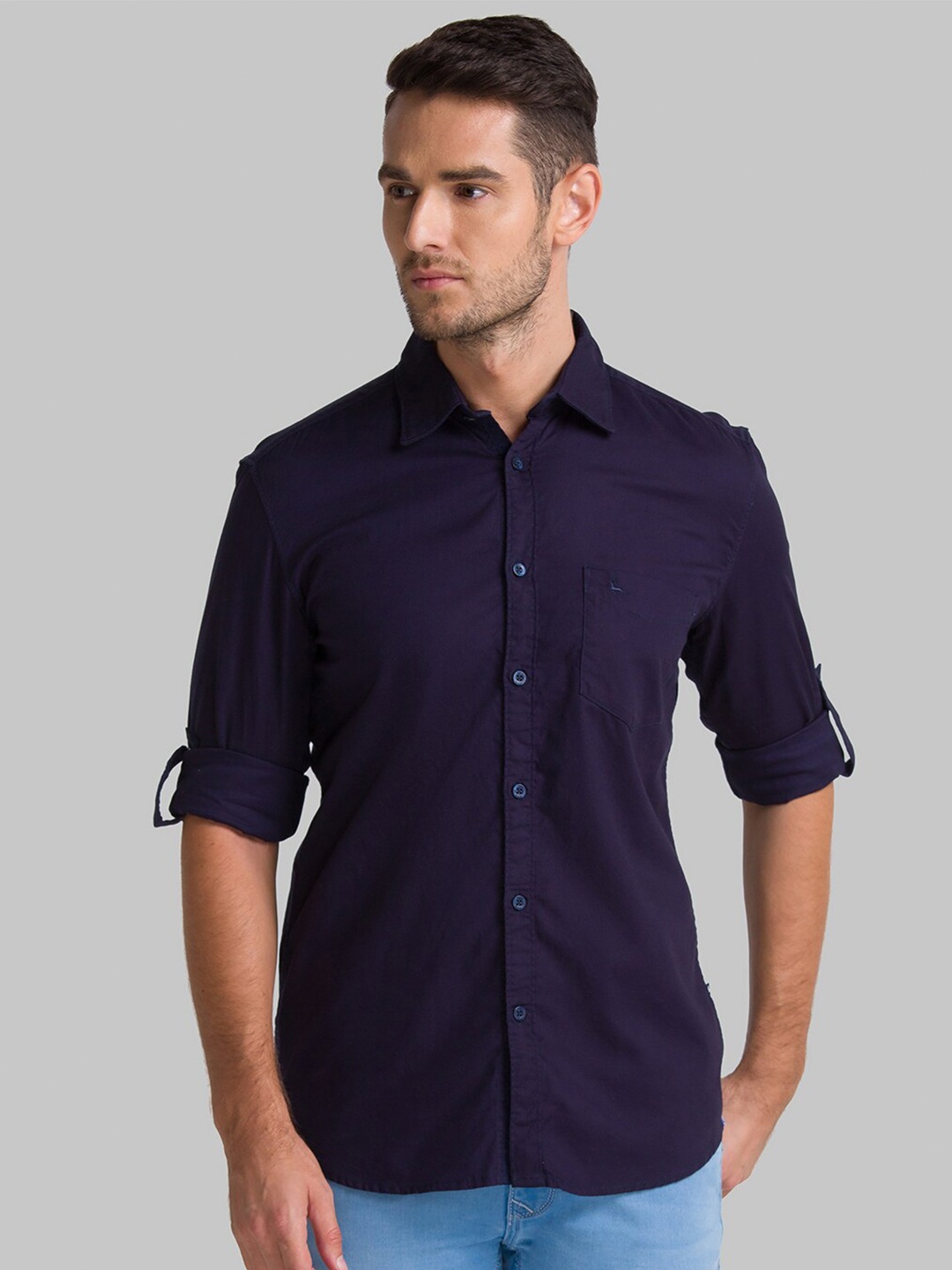 

Parx Men Navy Blue Solid Slim Fit Casual Shirt