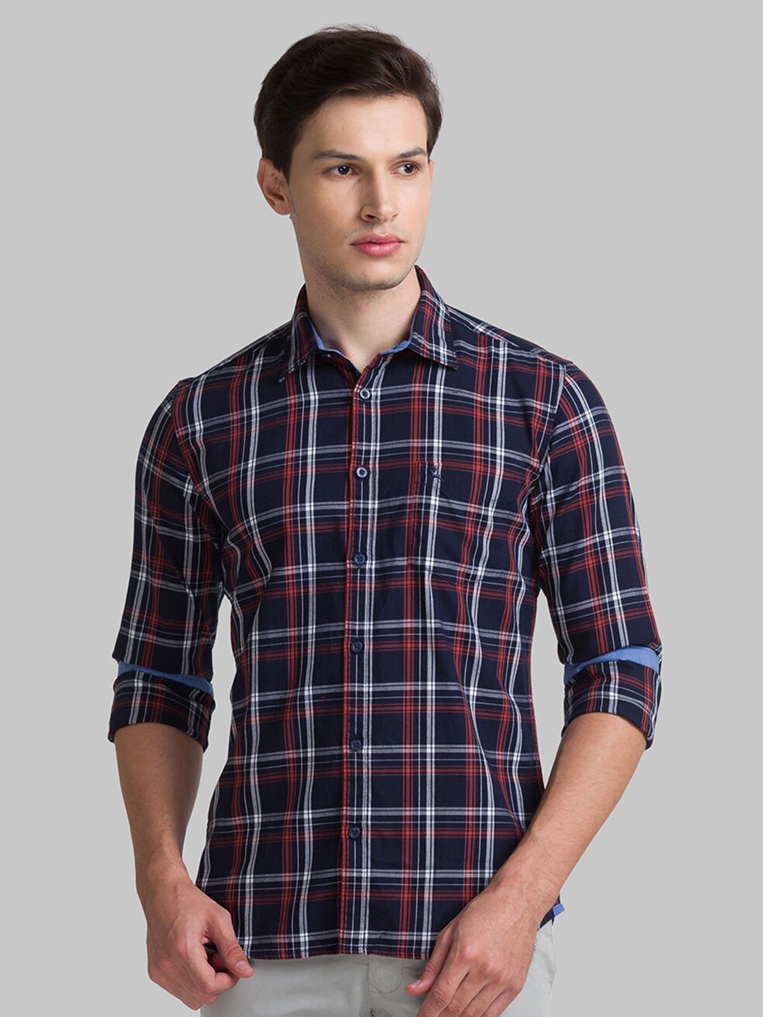 

Parx Men Navy Blue Slim Fit Tartan Checks Checked Casual Shirt