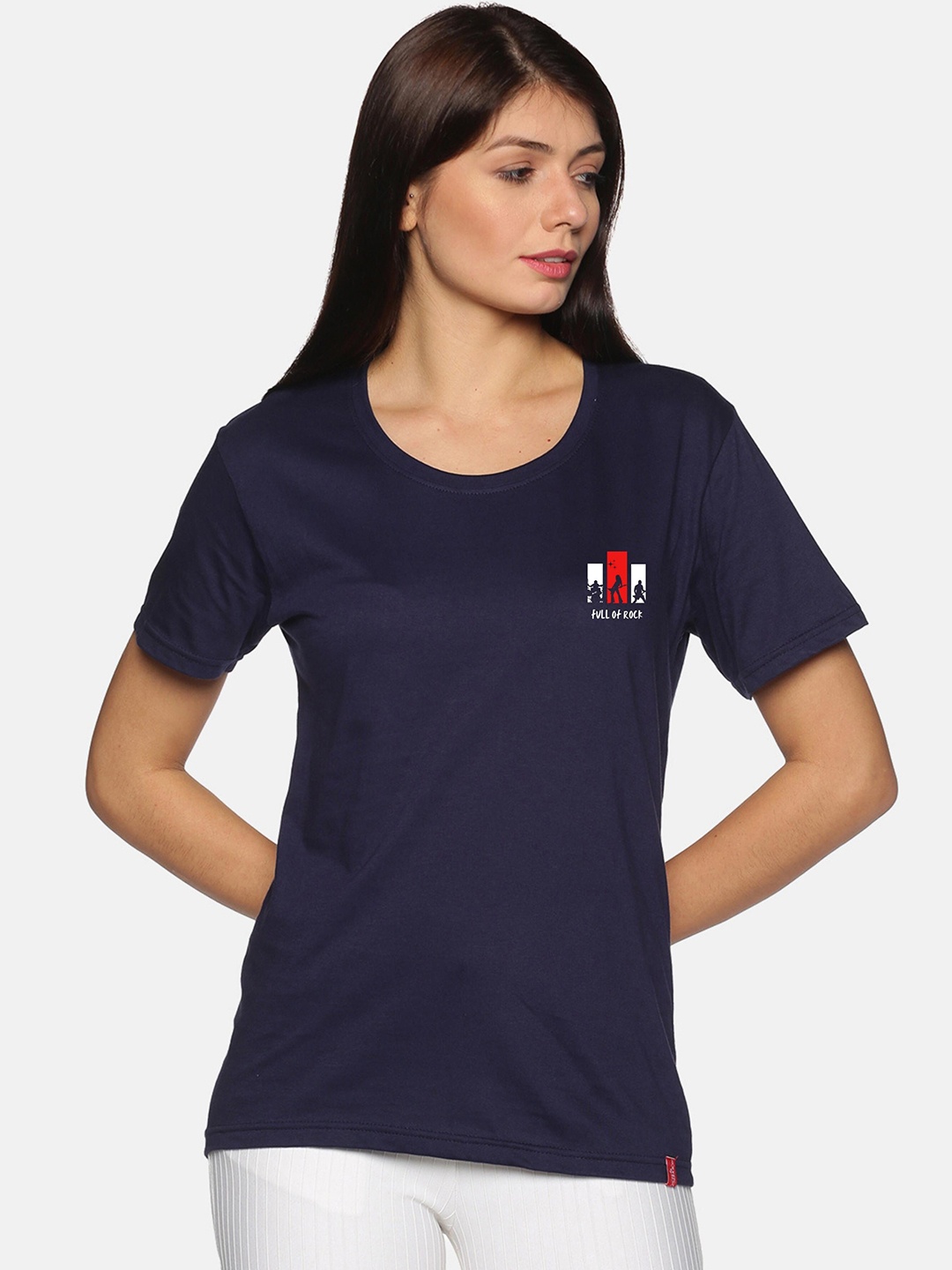 

NOT YET by us Women Navy Blue Drop-Shoulder Sleeves T-shirt